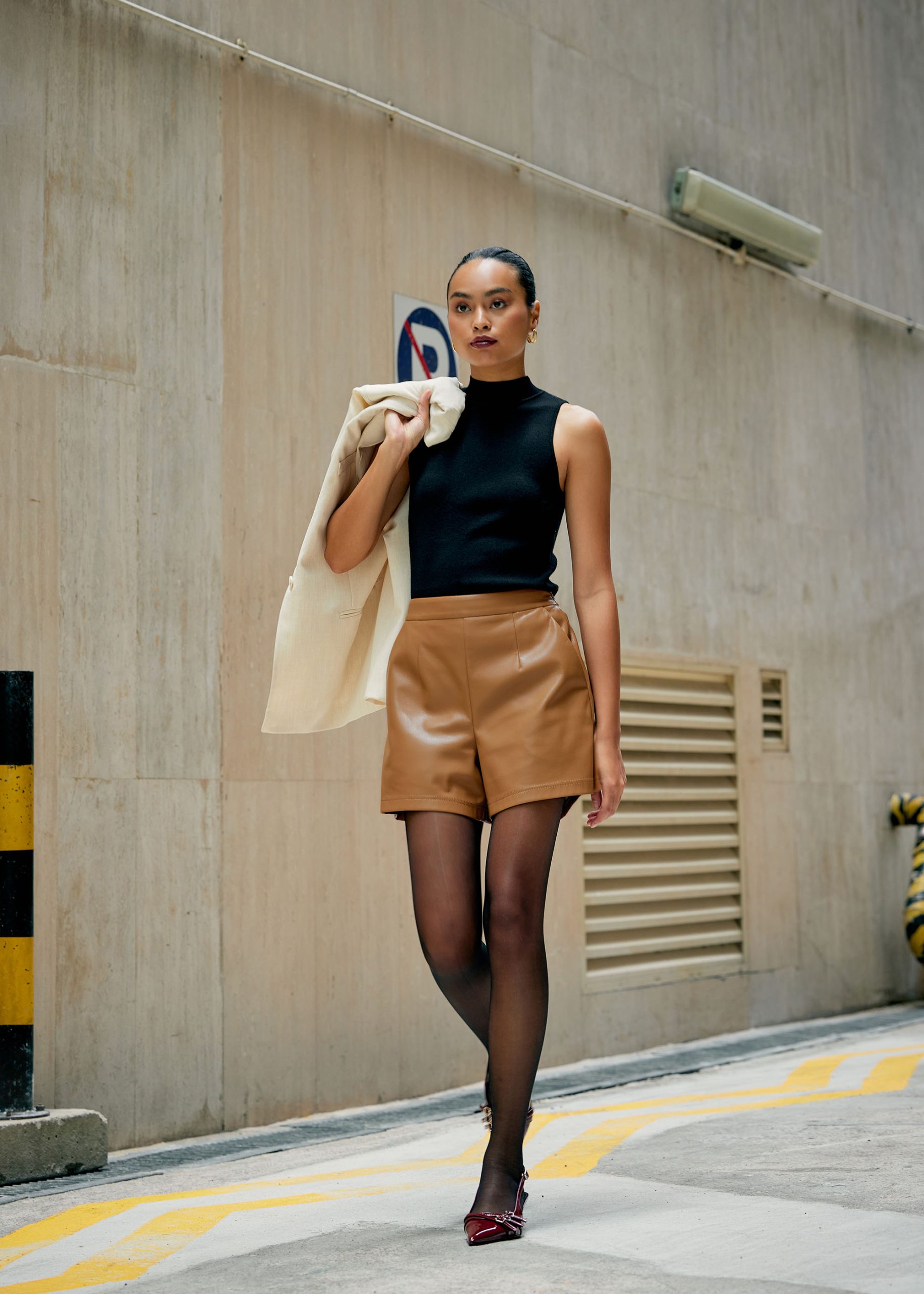 Elastic Vegan Leather High Waist A-line Shorts - Image 13