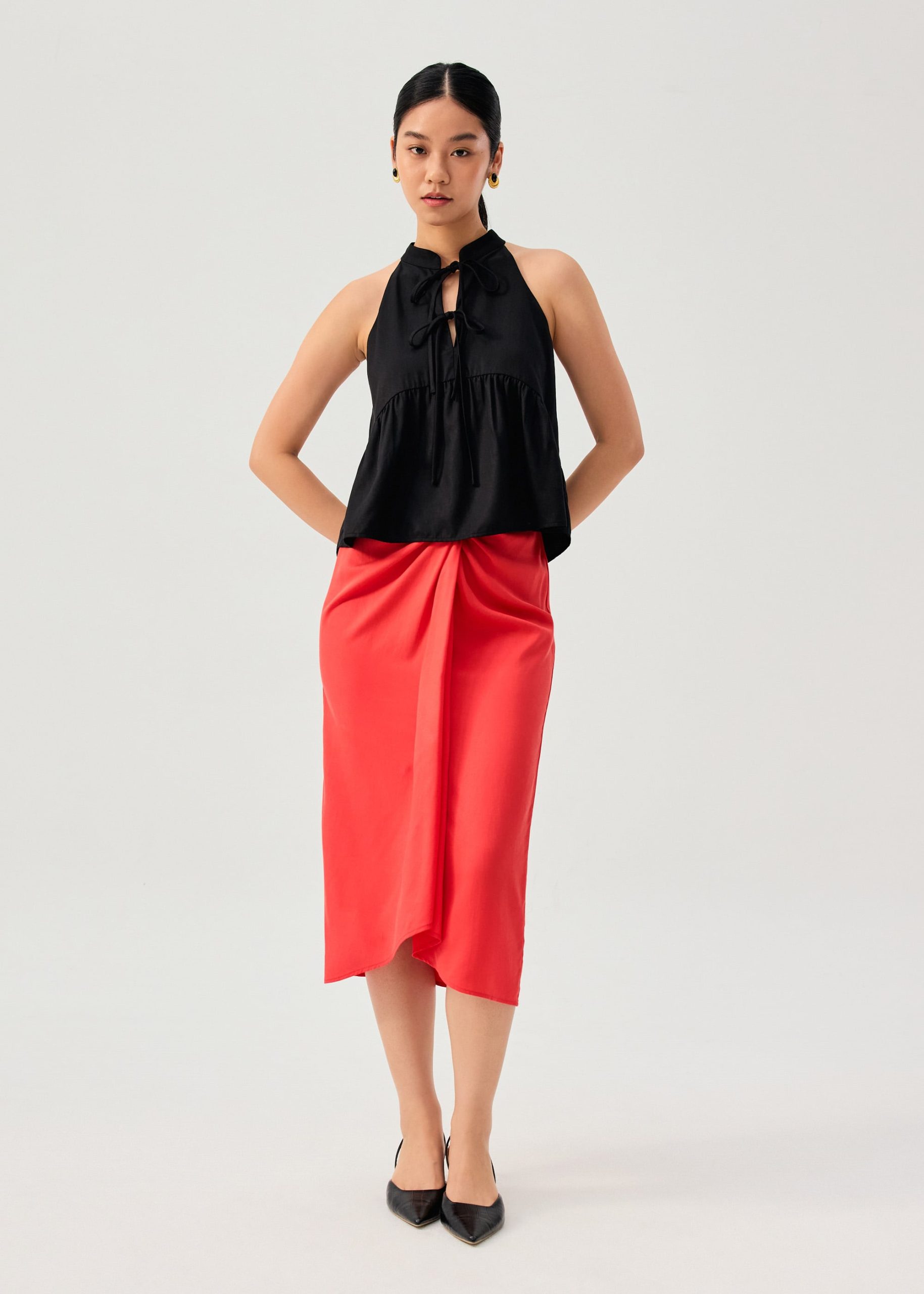 Lyocell Pleated Front Tie Mandarin Collar Peplum Shell Top - Image 10