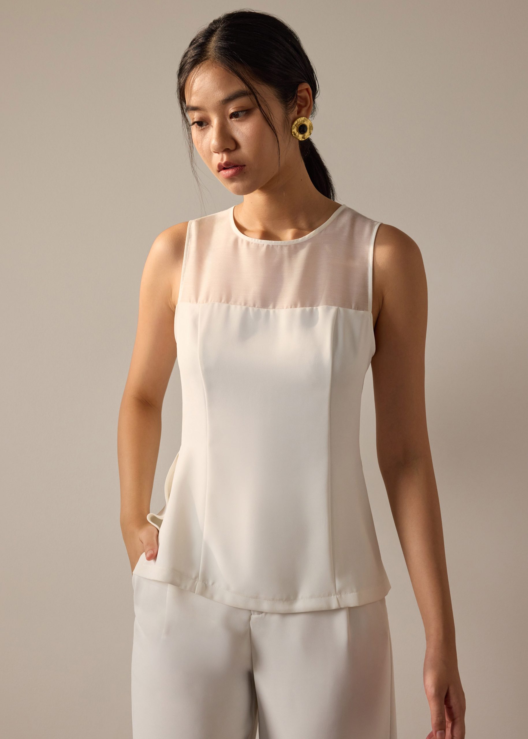 Andrea Multi-way Detachable Sash Crepe Round Neck Top - Image 10