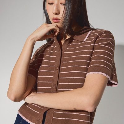 Relaxed Striped Knit Collared Button Down Top
