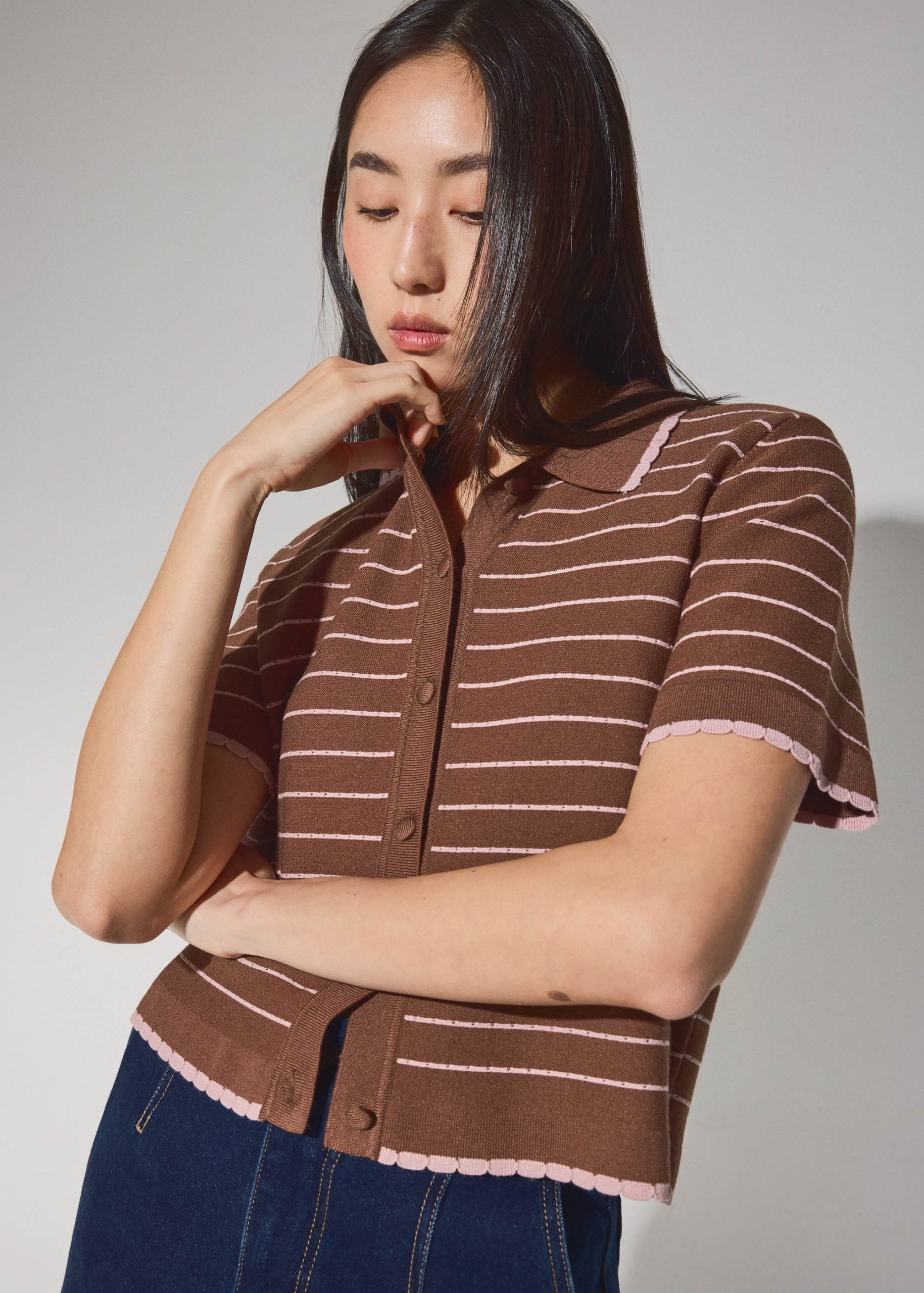 Relaxed Striped Knit Collared Button Down Top