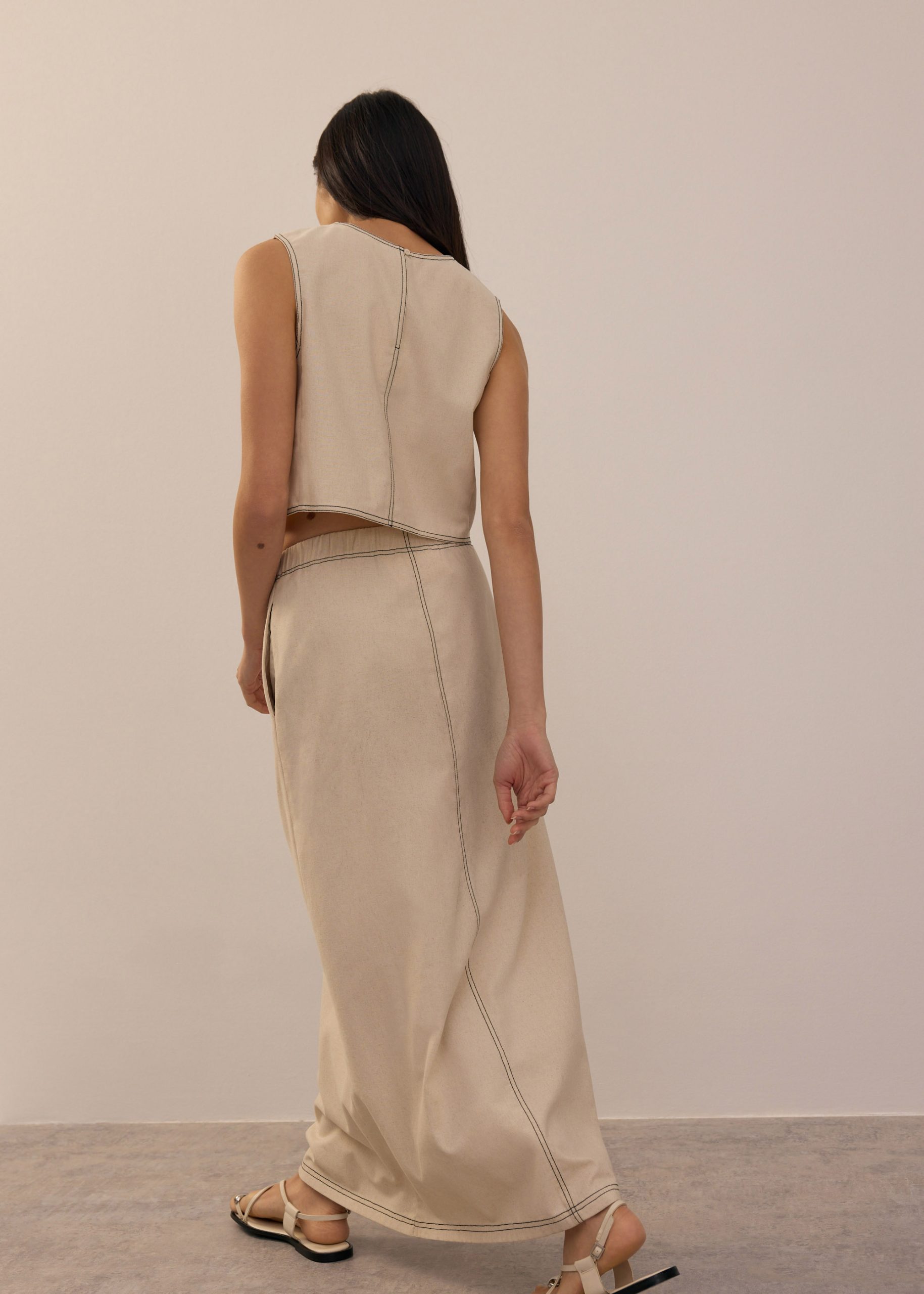 Elastic Contrast Stitch High Waist A-line Maxi Skirt - Image 39