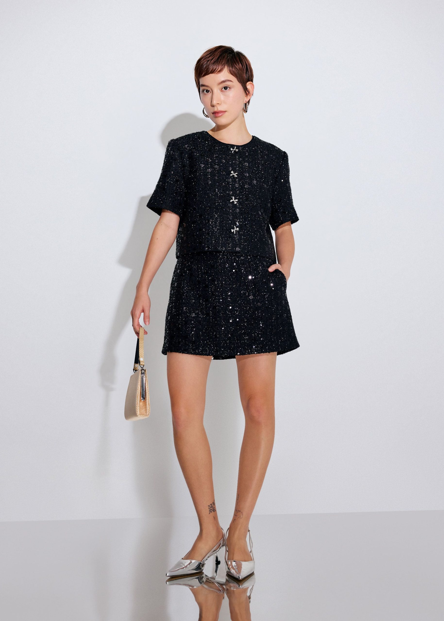 Meiyan Sequin Tweed Round Neck Boxy Button Down Crop Top - Image 2
