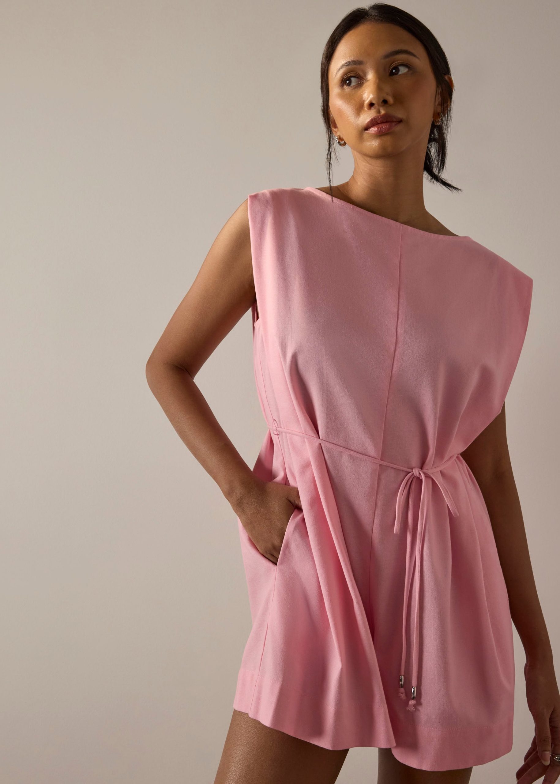 Linen A-Line Romper With Belt - Image 8