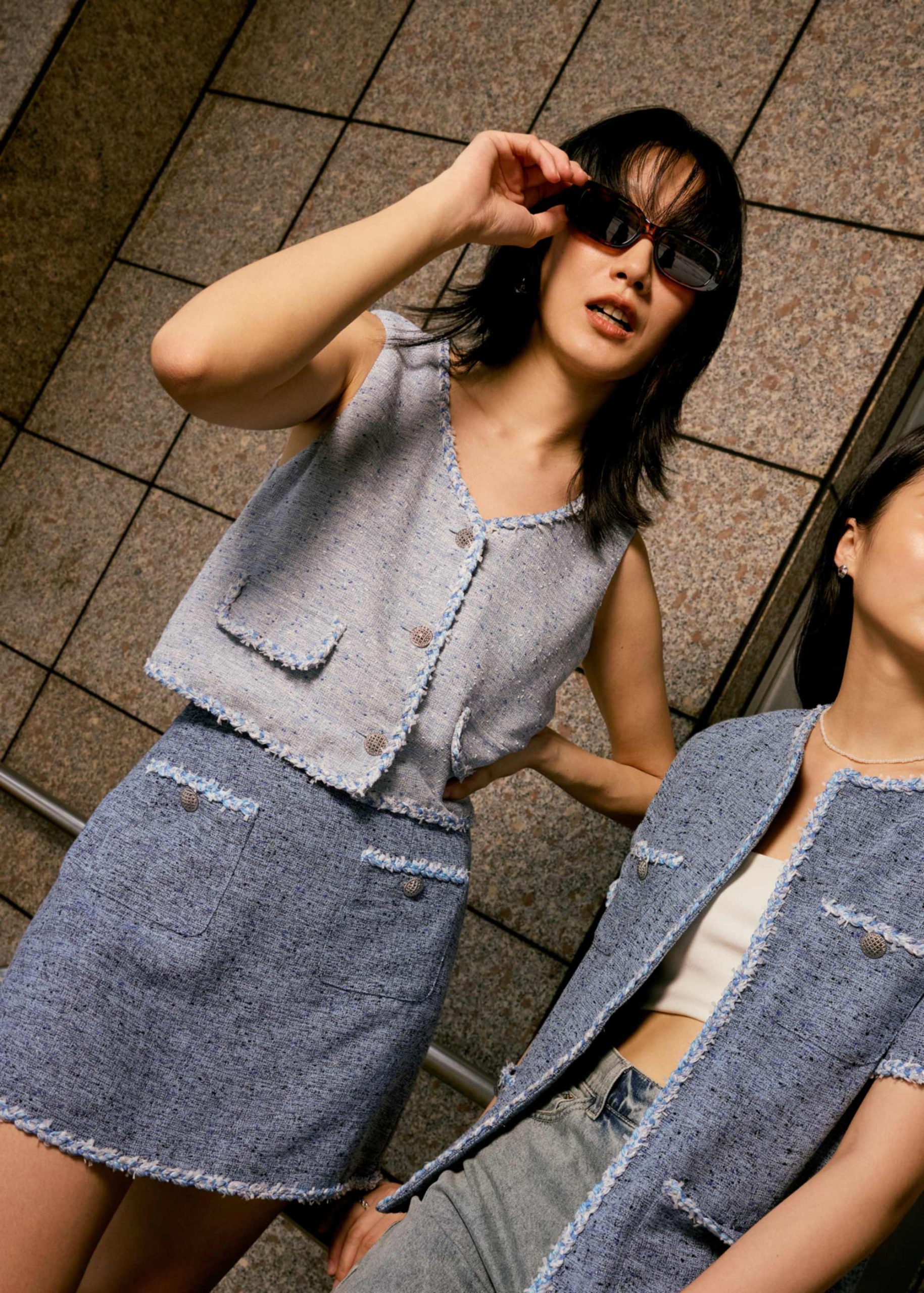 Tweed V-Neck Boxy Crop Vest - Image 9