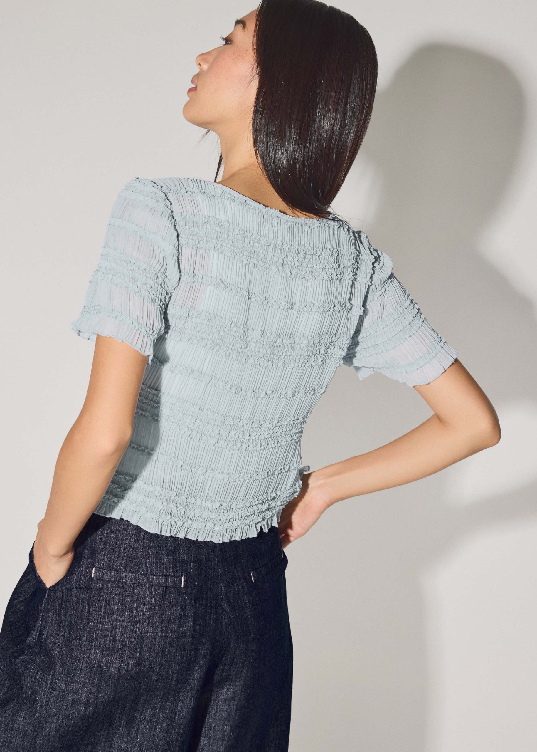 Sheer Crinkled Boat Neck Fitted Button Down Top - Image 16
