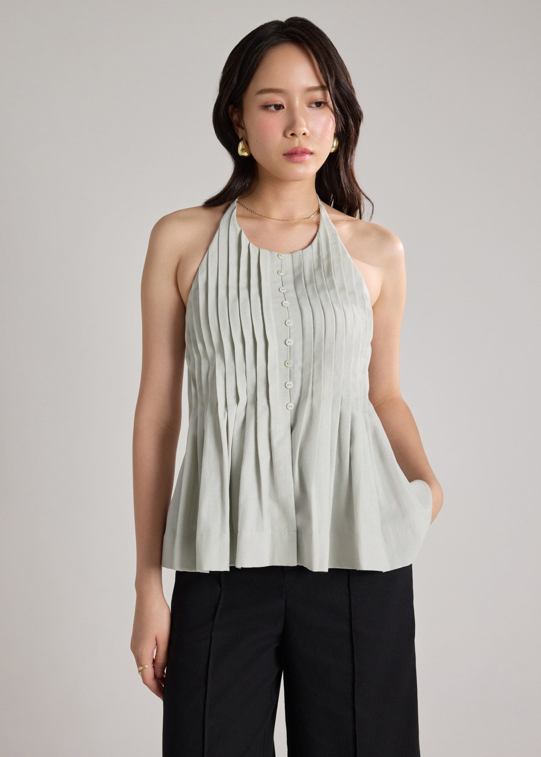 Pintuck Halter Peplum Top - Image 15