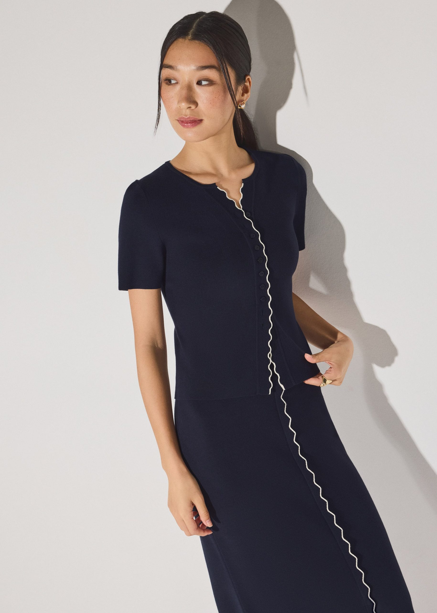 Knit Scallop Edge Fitted Button Down Top - Image 19
