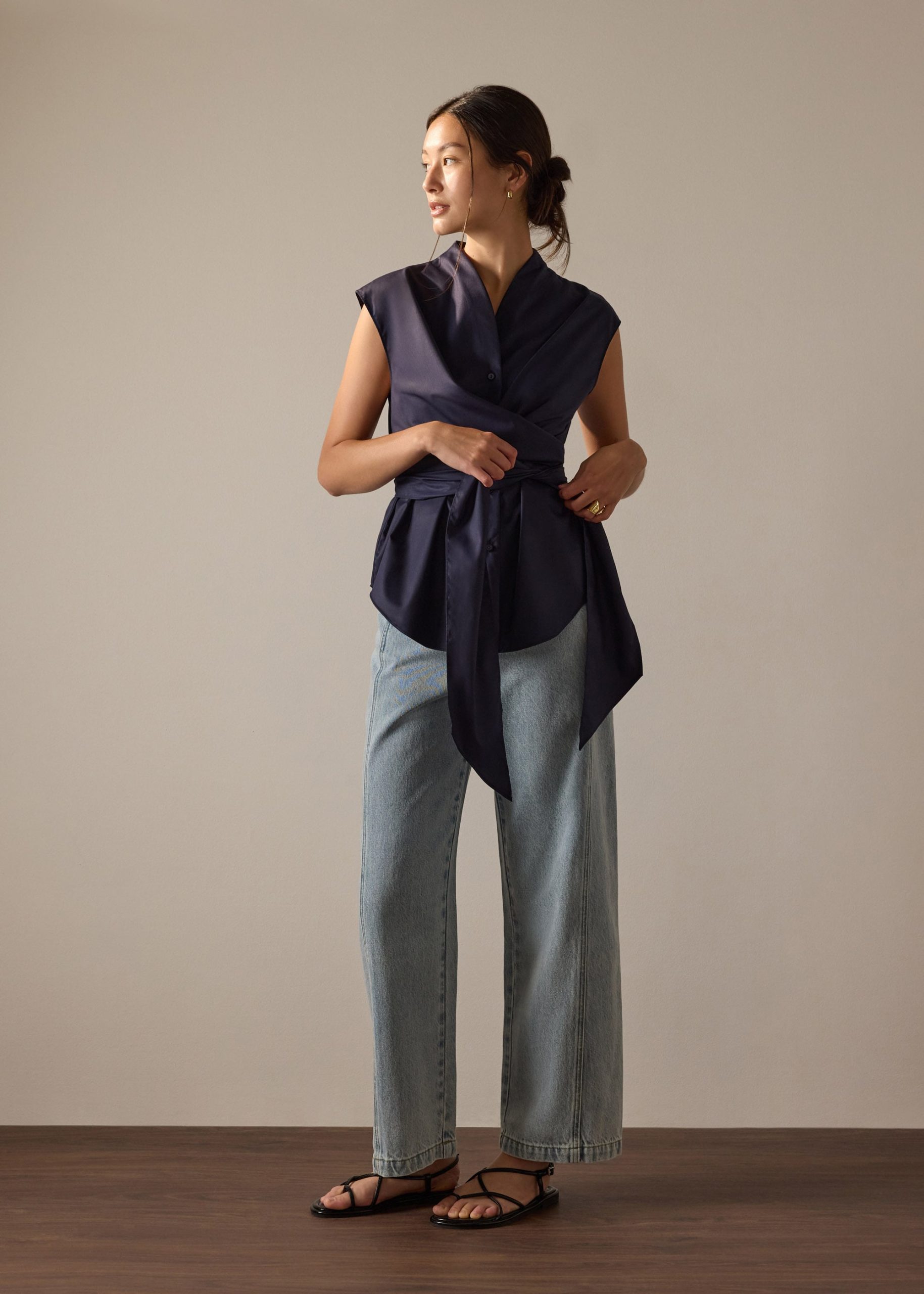 Ziyi Poplin Front Wrap Mandarin Collar Shirt - Image 9