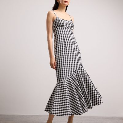 Gingham Seersucker Straight Neck Column Midaxi Dress