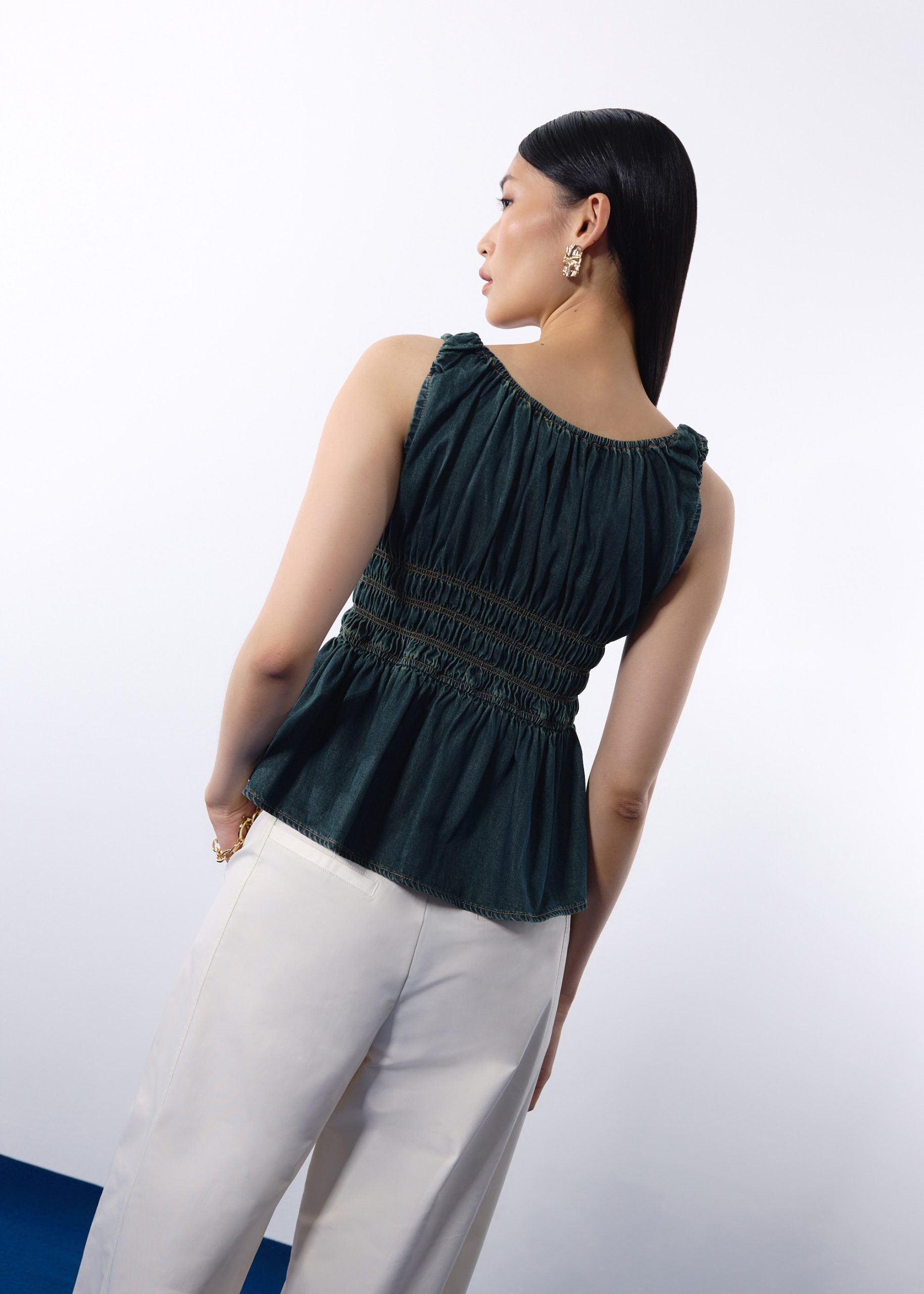 Ruched Vintage Wash Denim Tunic Top - Image 4