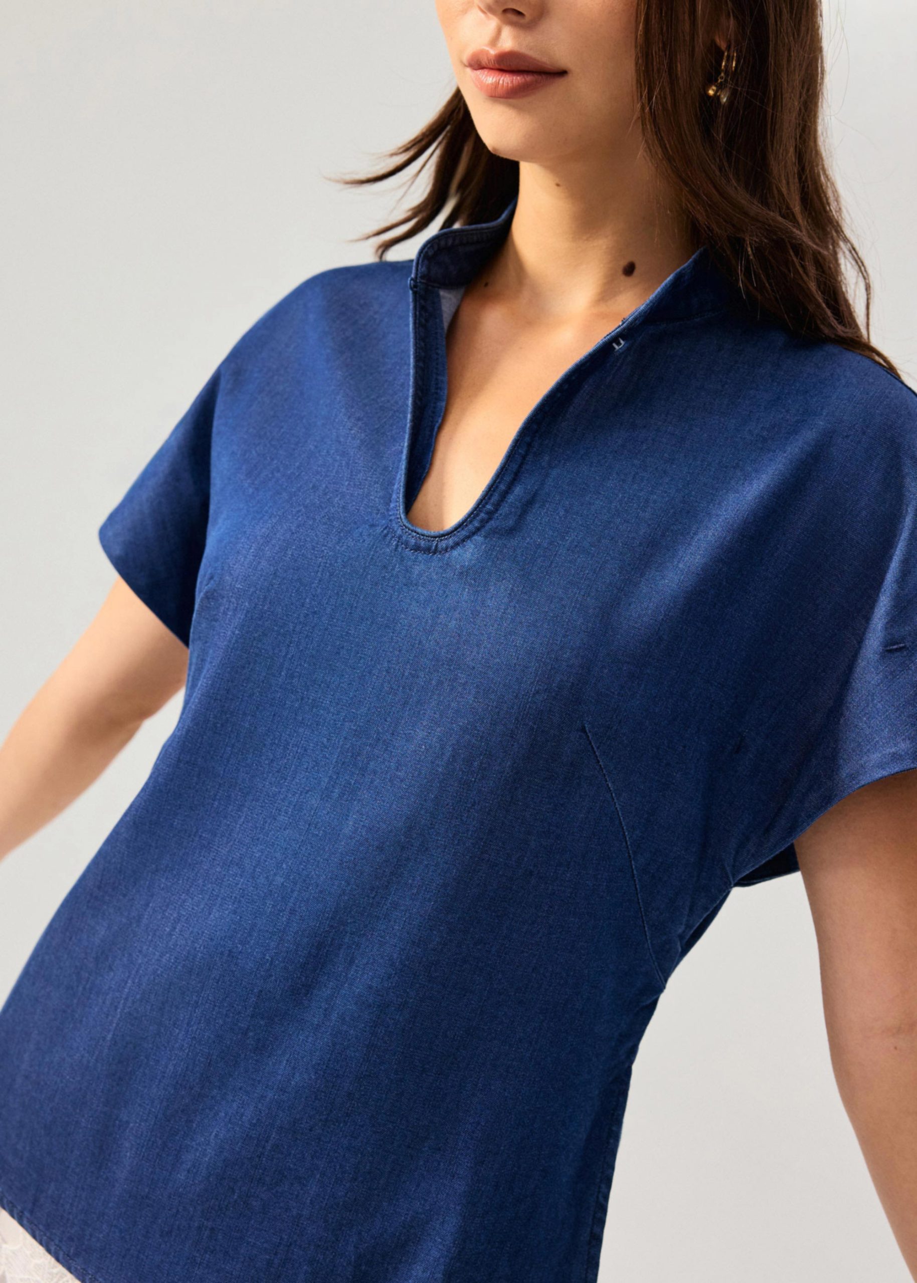 Chambray Mandarin Collar Drop Shoulder Top - Image 3