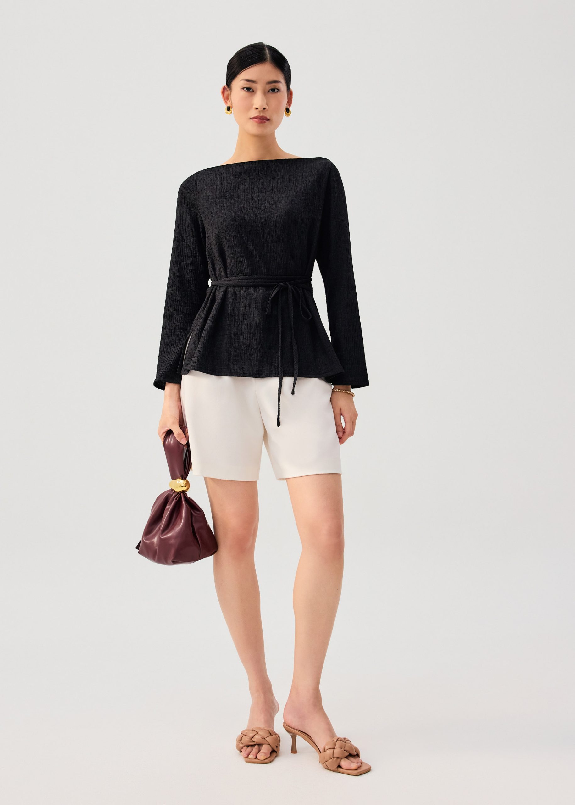 Sash Tie Crinkled Boat Neck Top - Image 3