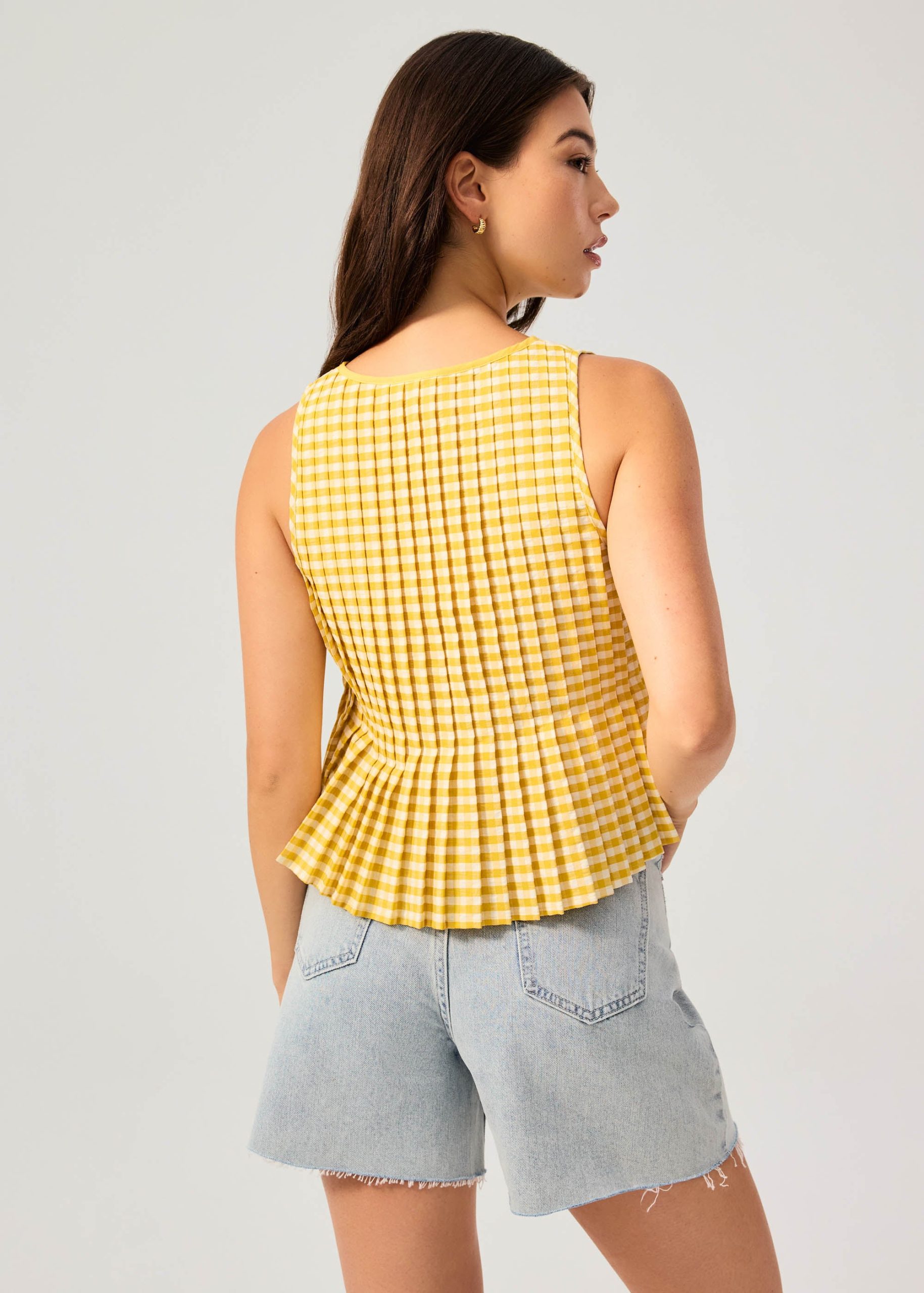Gingham Cotton Pleated Front Tie Round Neck Babydoll Top - Image 9