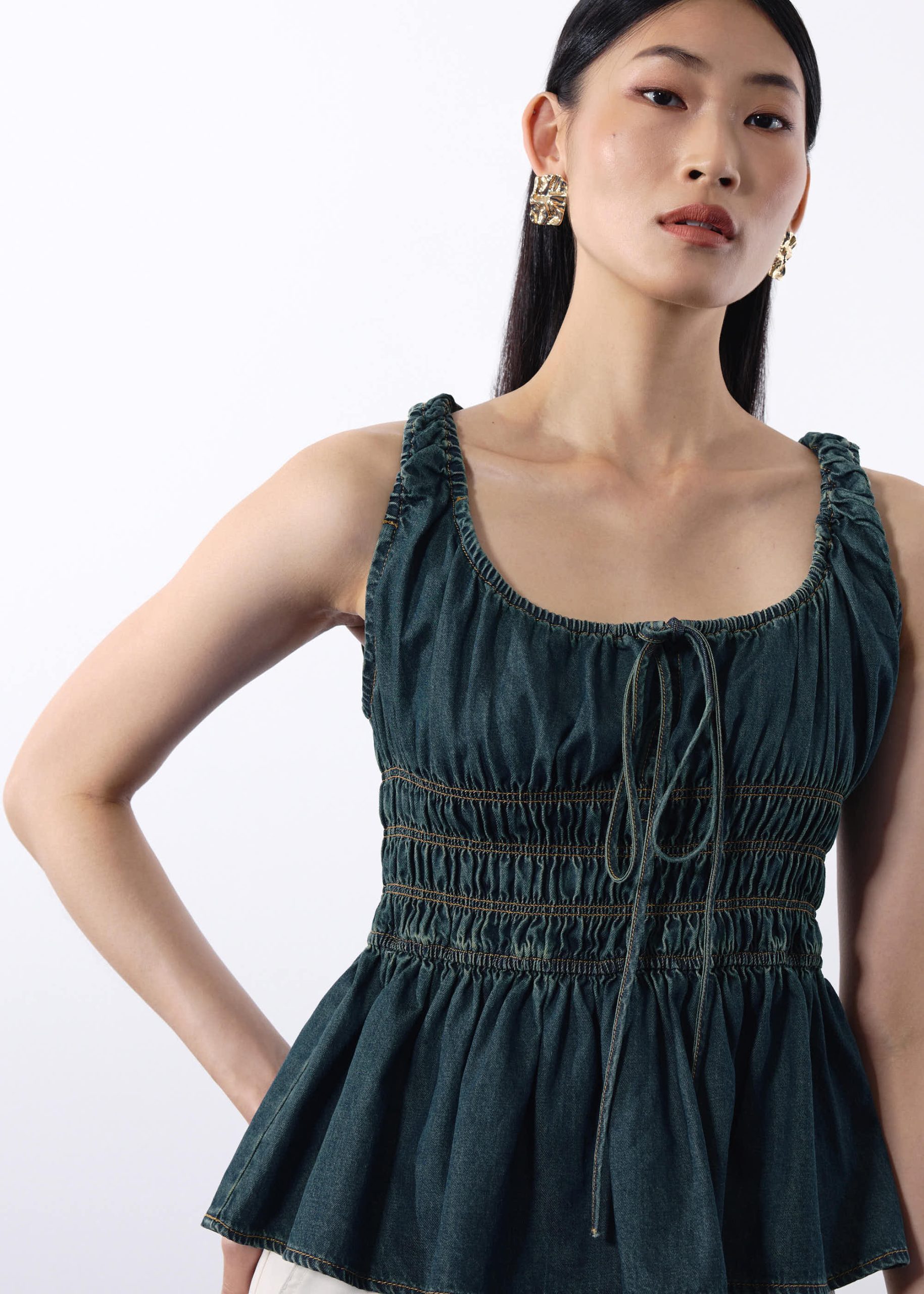 Ruched Vintage Wash Denim Tunic Top - Image 5