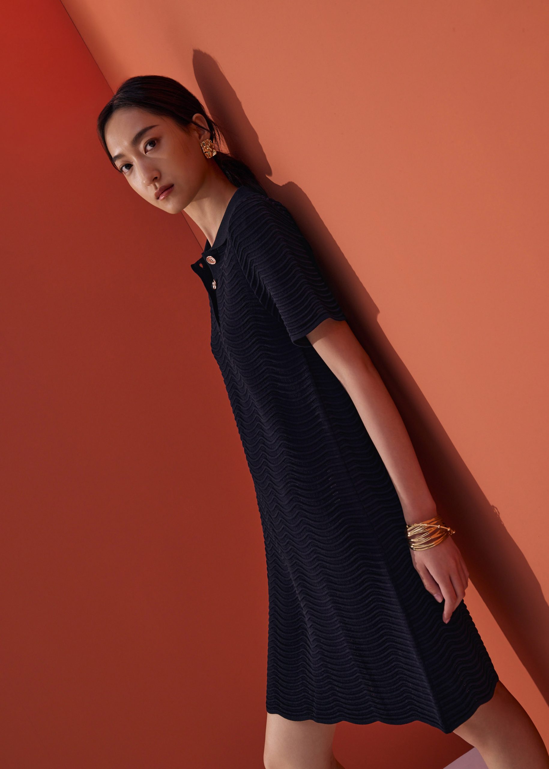 Wavy Knit Collared A-Line Mini Dress - Image 8