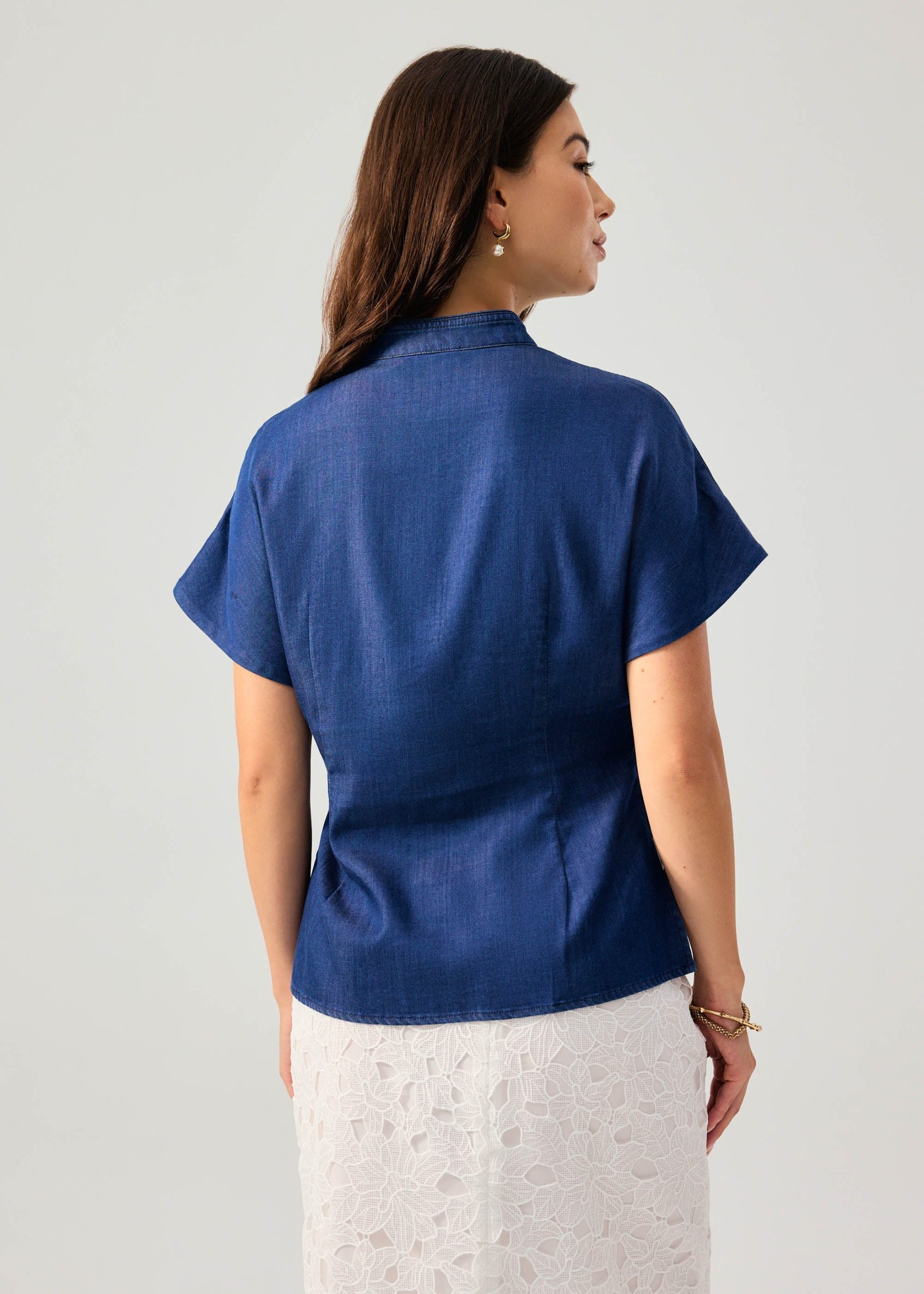 Chambray Mandarin Collar Drop Shoulder Top - Image 4
