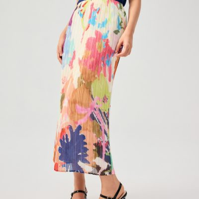 Elastic Georgette Pleated Mid Waist Column Maxi Skirt in Vivid Blooms