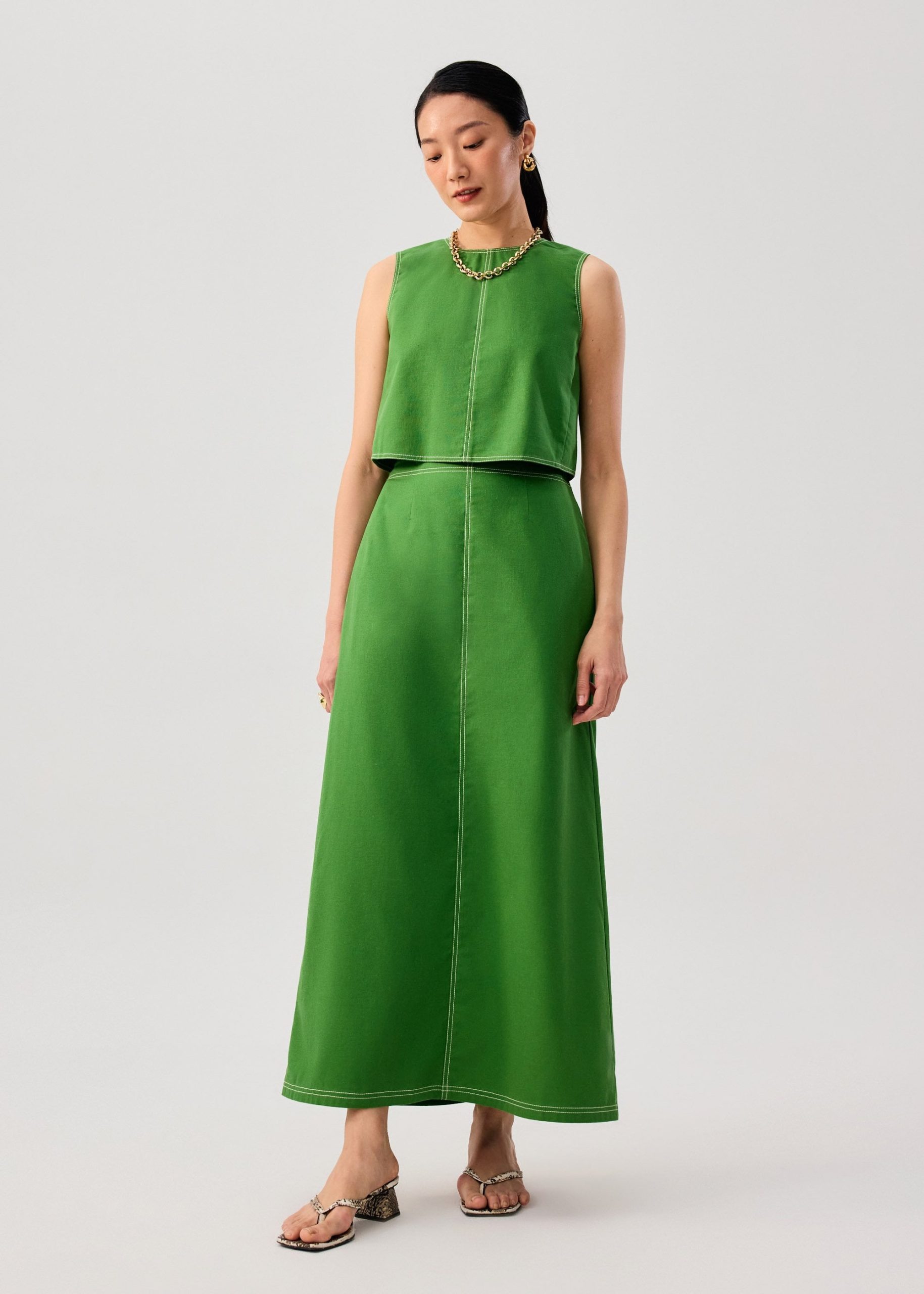 Elastic Contrast Stitch High Waist A-line Maxi Skirt - Image 10