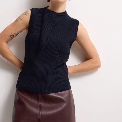 Knit Front Tie Collared Top