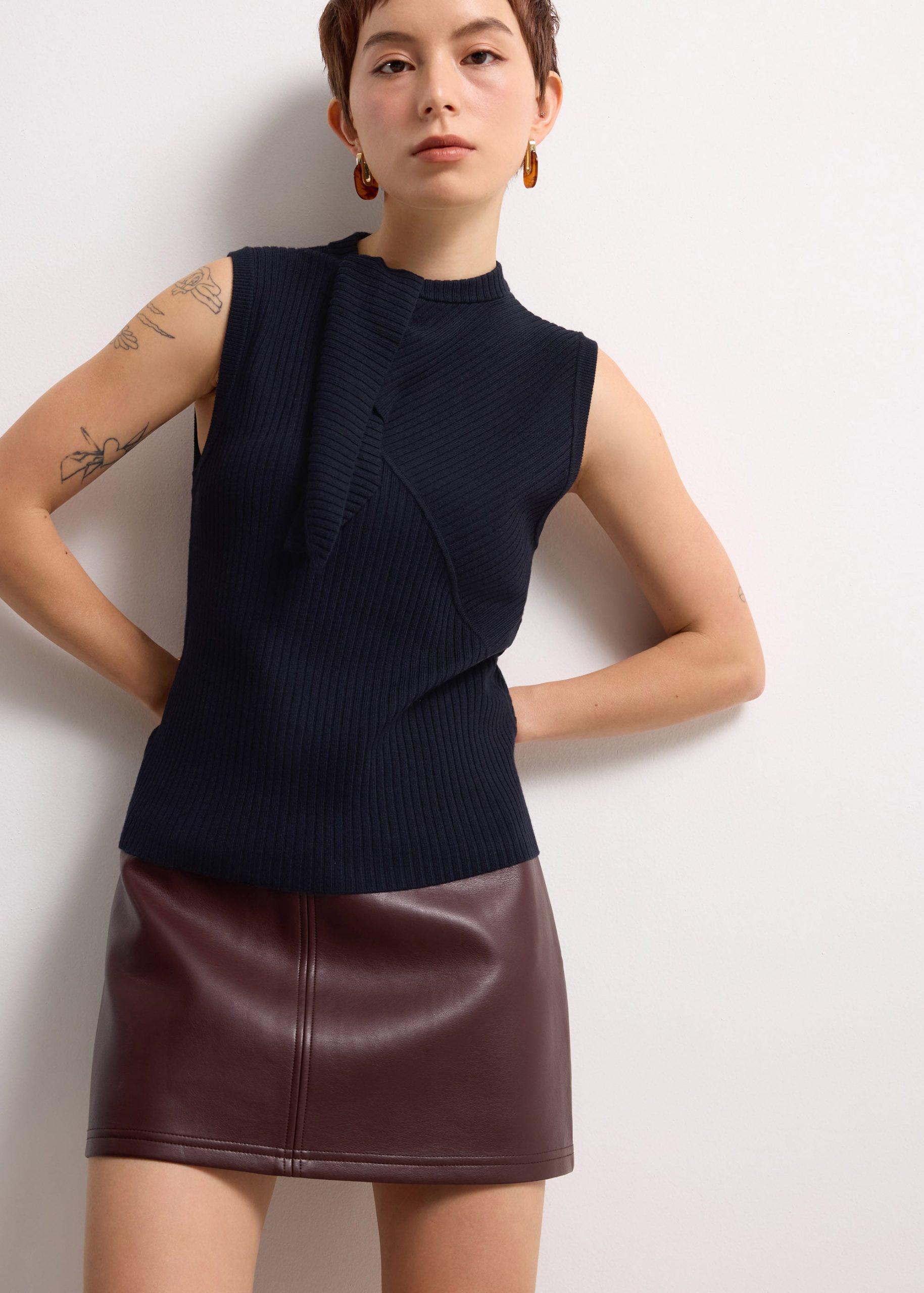 Knit Front Tie Collared Top