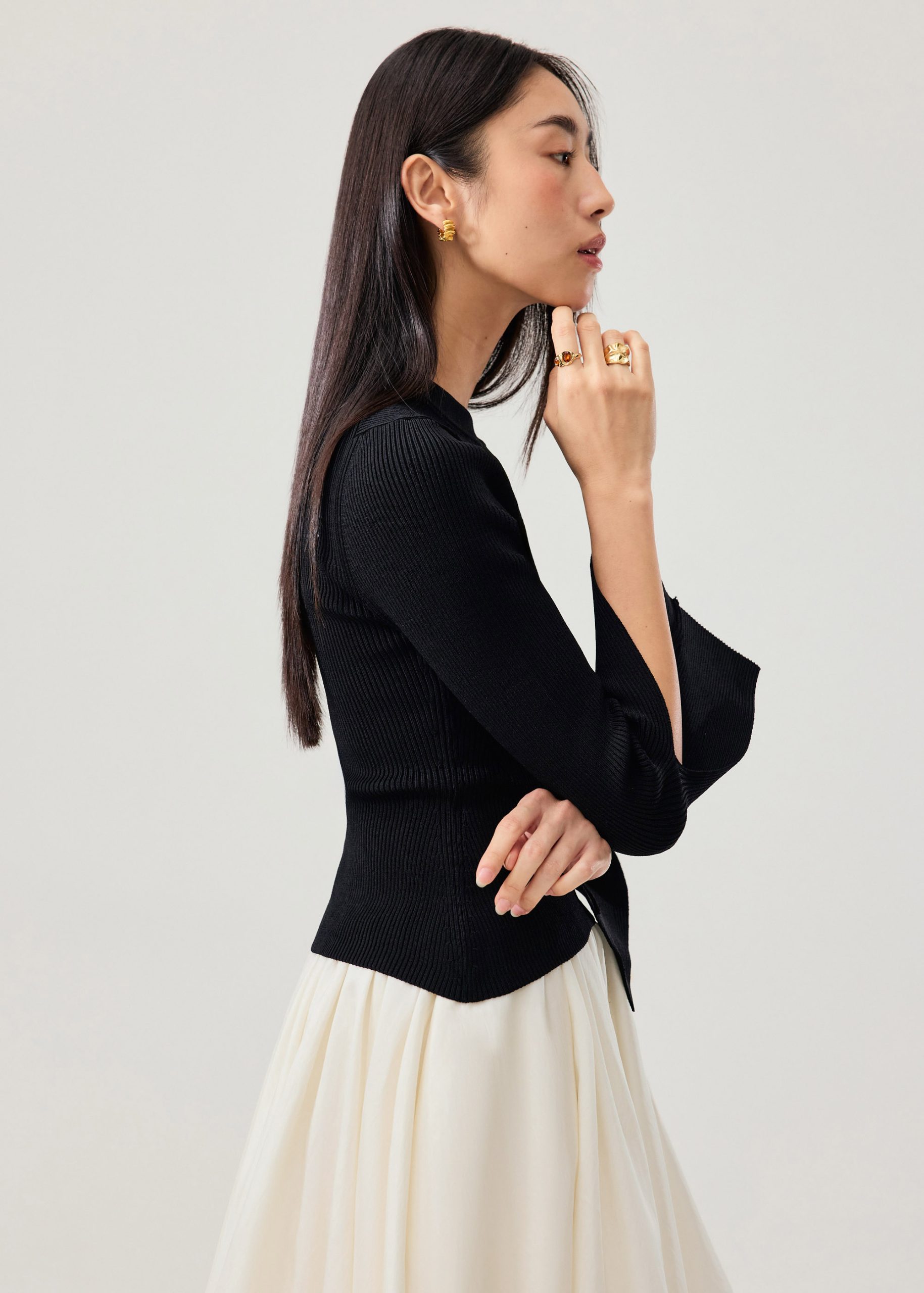 Asymmetric Hem Mock Neck Bell Sleeve Top - Image 7