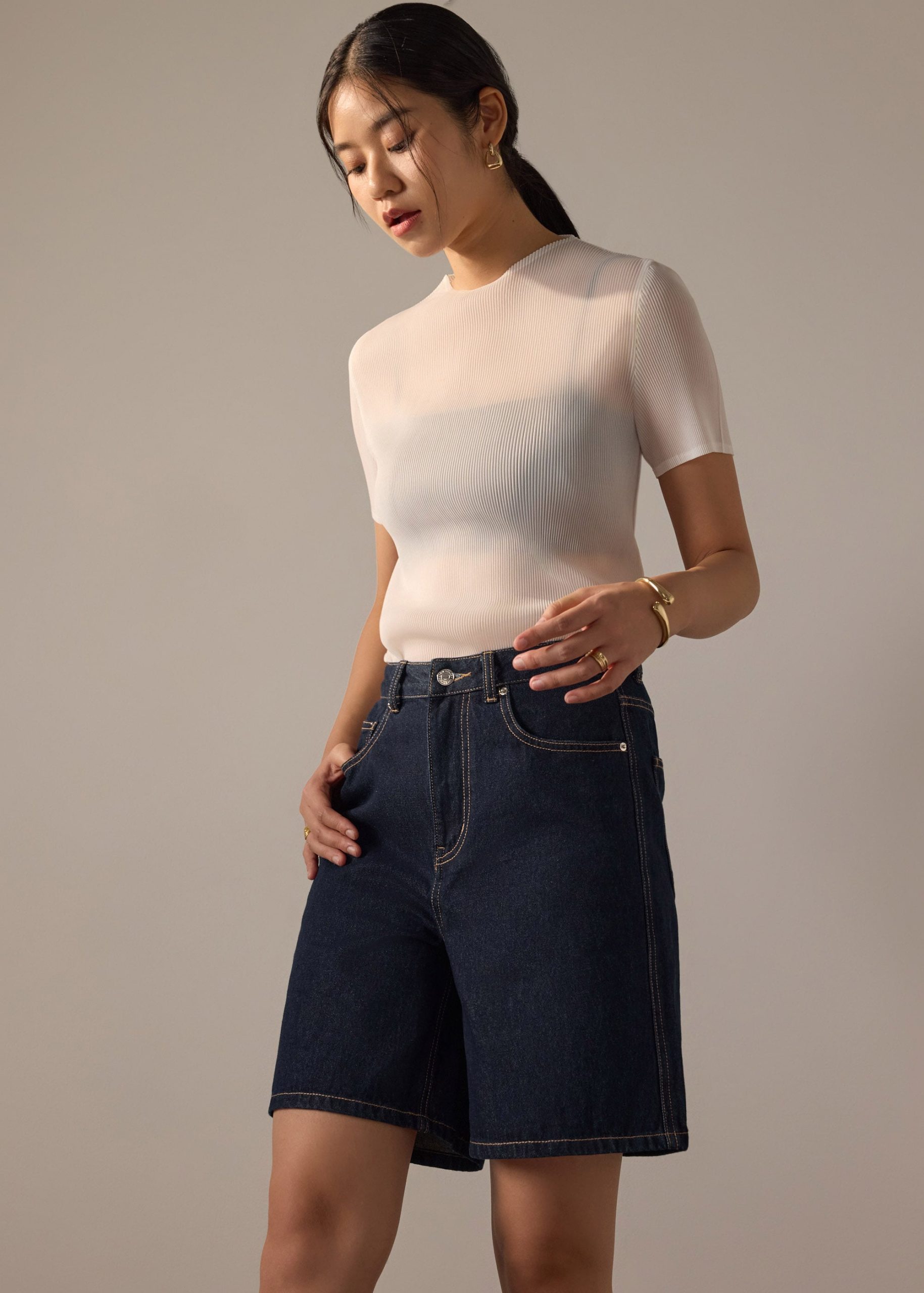 Megan Denim Mid Waist Bermuda Shorts - Image 2