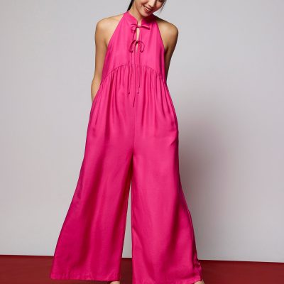 Lyocell Mandarin Collar Wide Leg Jumpsuit