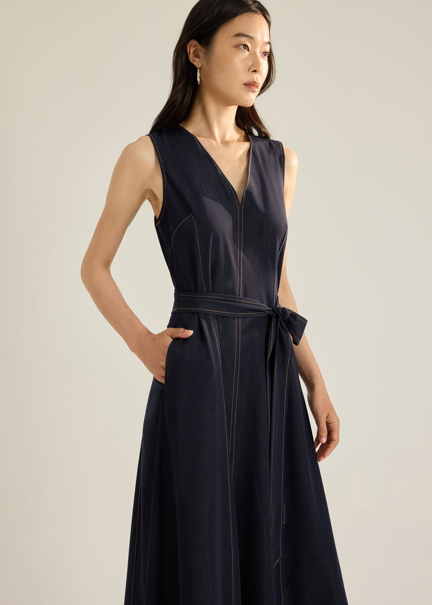 Kata Chambray Fit & Flare Dress With Sash - Image 2