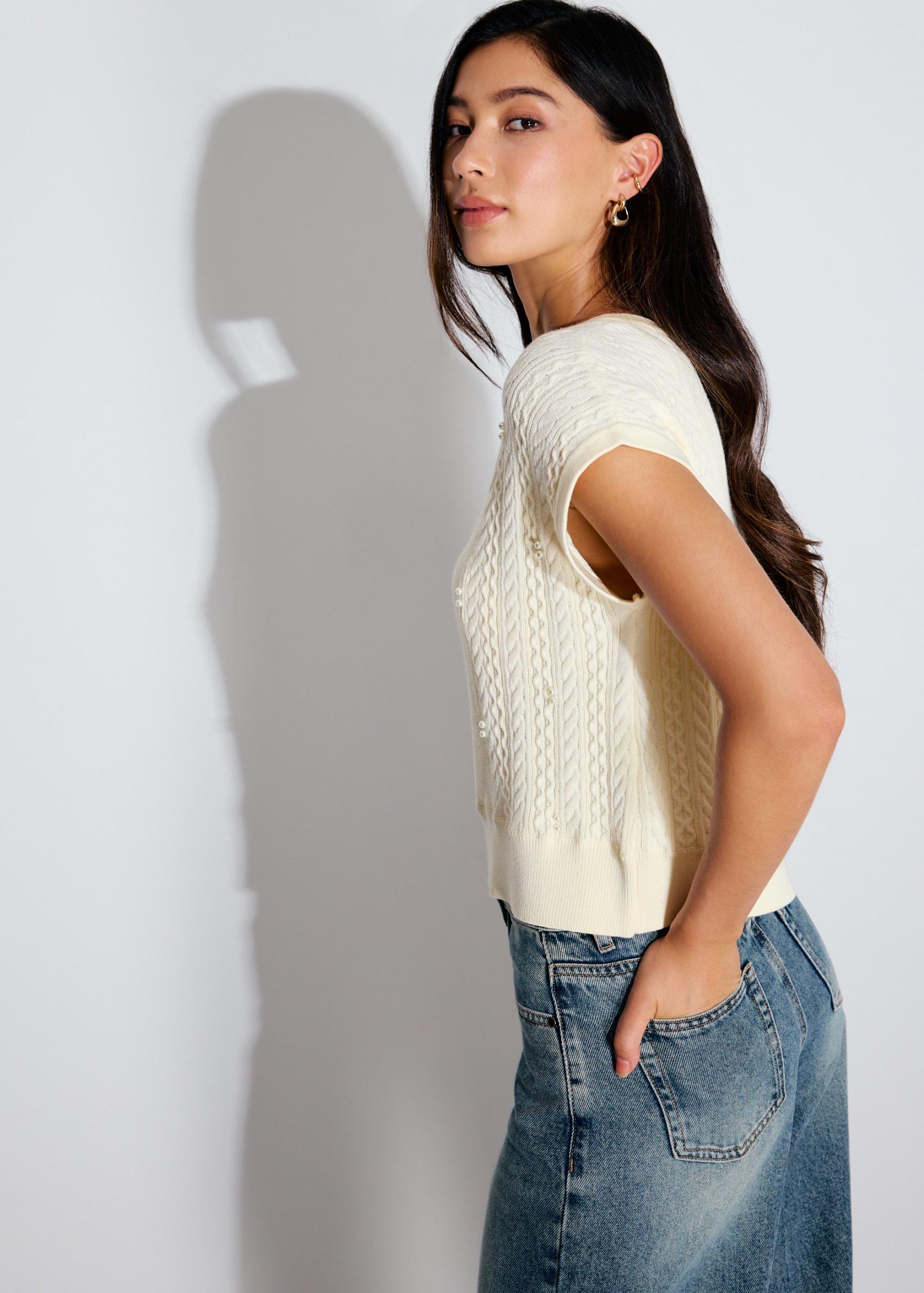 Relaxed Pearl Embellished Cable Knit Shell Top - Image 19
