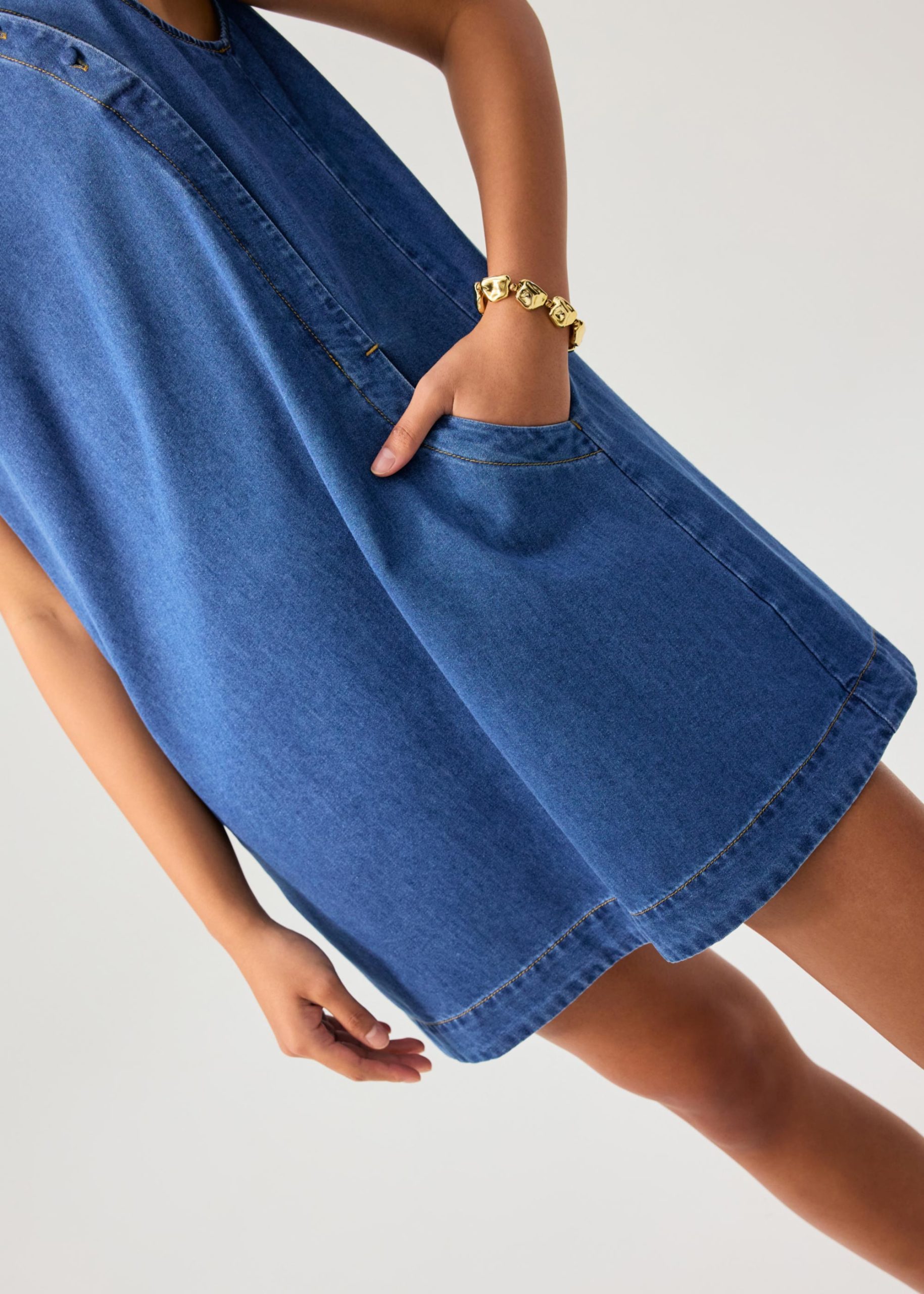 Denim Mandarin Collar Mini Dress - Image 6