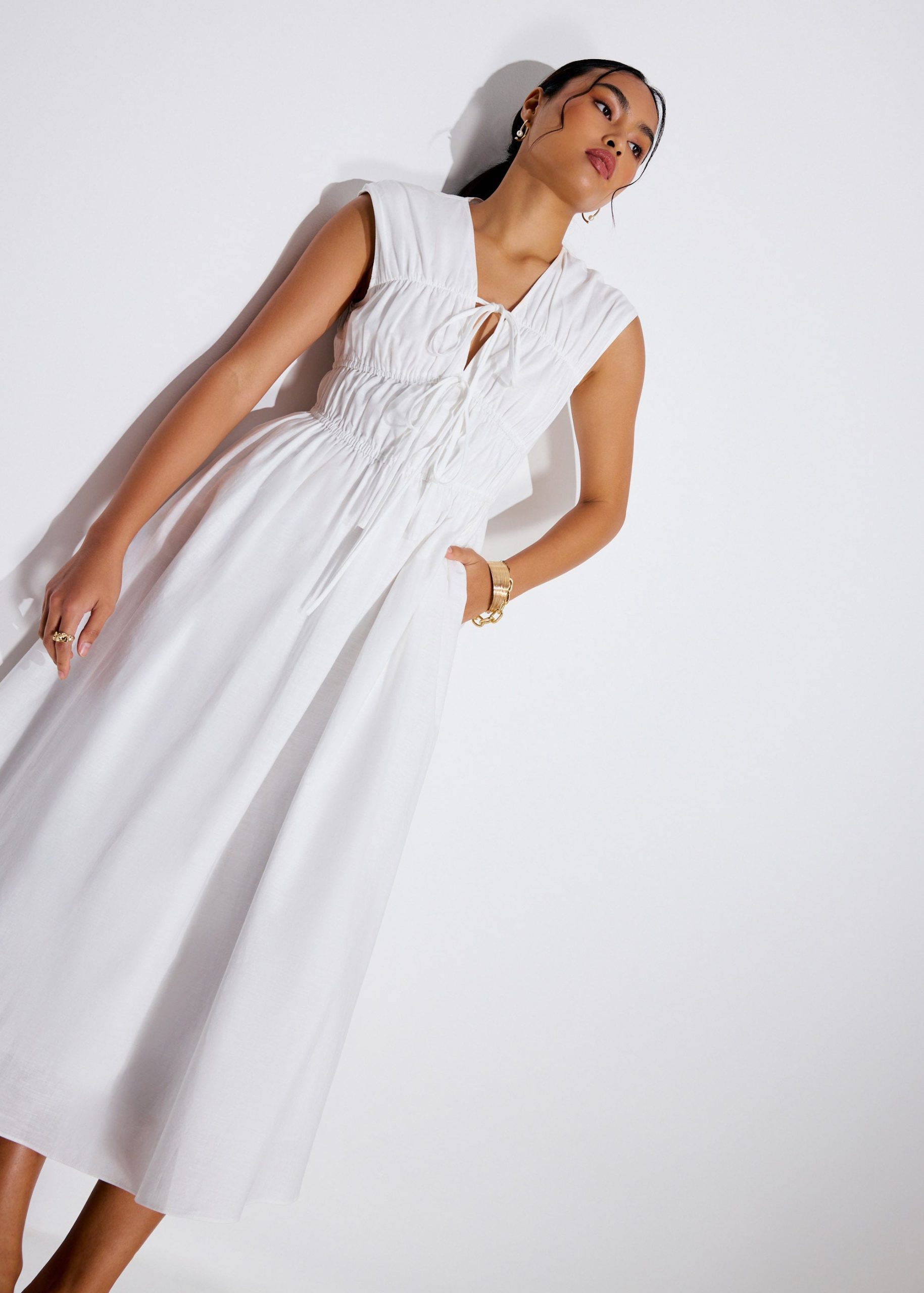 Linen Front Tie Fit & Flare Elastic Midaxi Dress