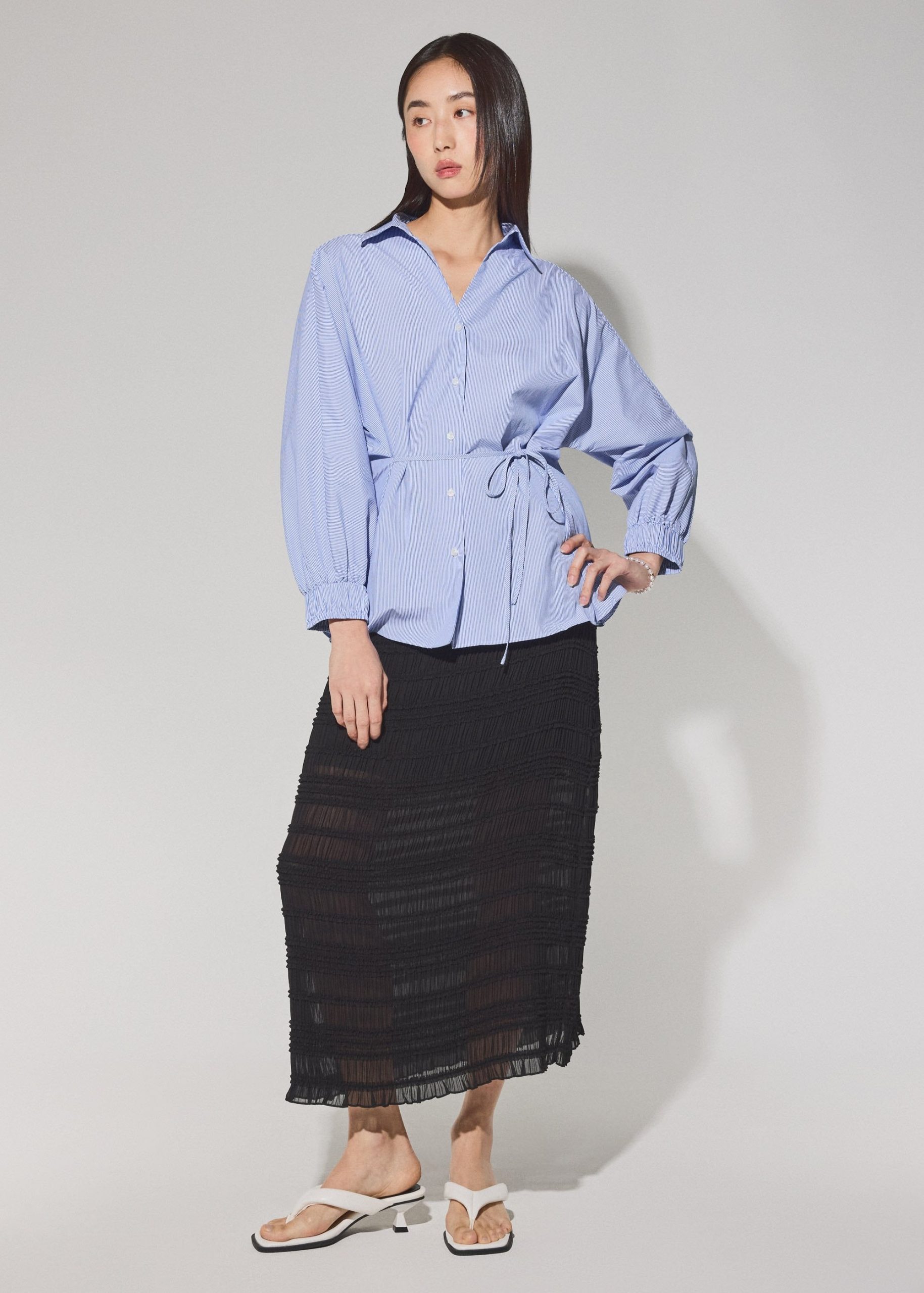 Striped Cotton Collared Puff Sleeve Button Down Top - Image 5