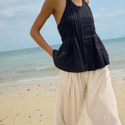 Pintuck Halter Peplum Top