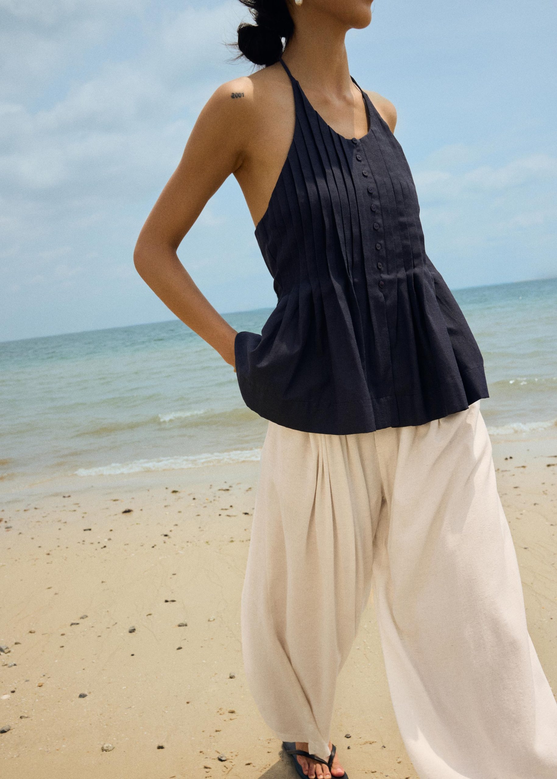Pintuck Halter Peplum Top