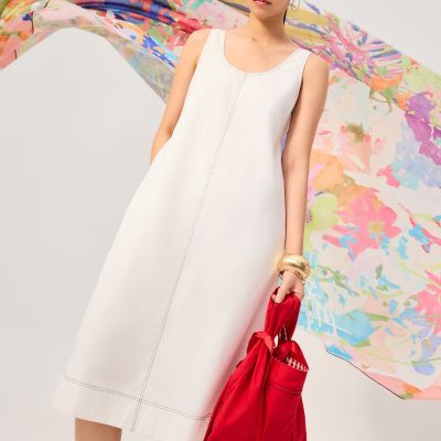 Contrast Stitch Cotton Scoop Neck A-Line Midi Dress