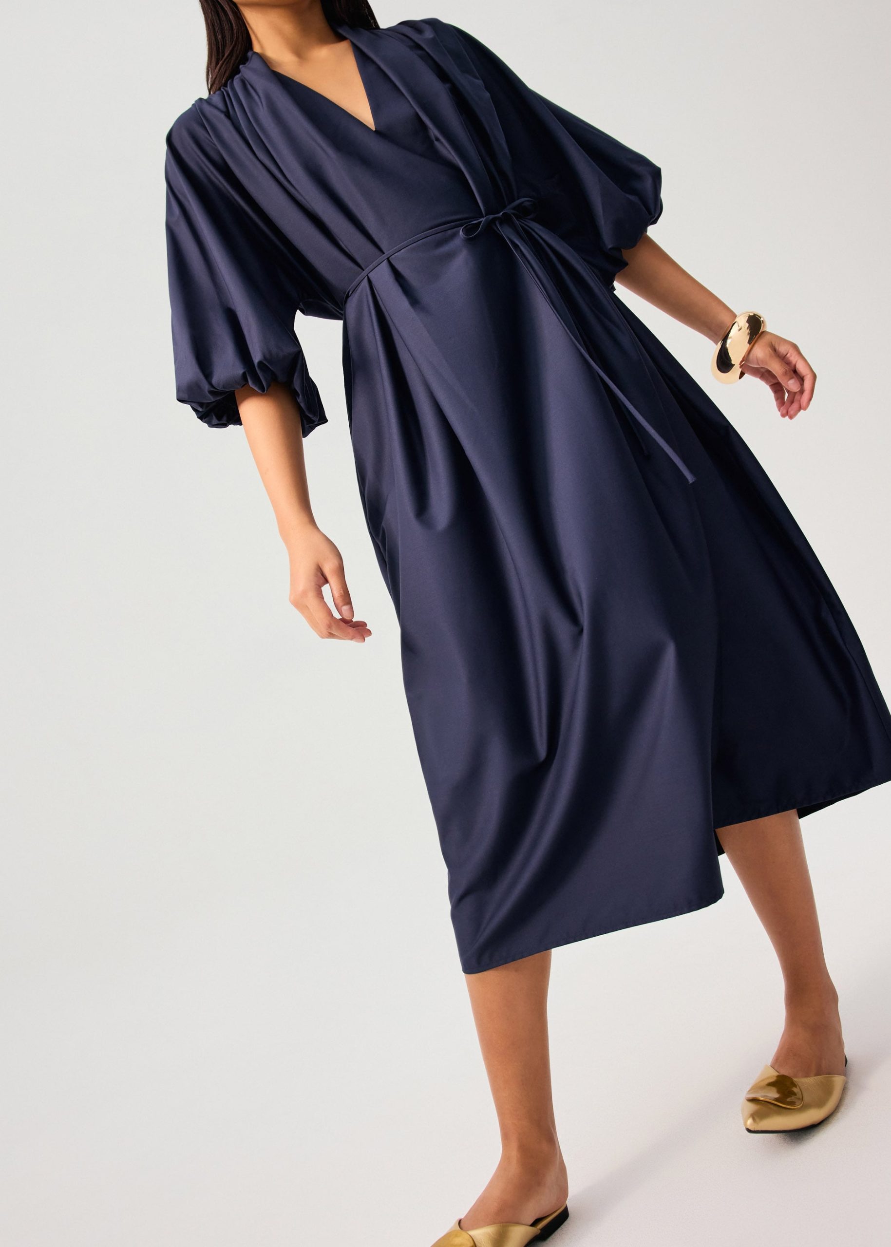 Detachable Sash Tie Puff Sleeve Cocoon Midaxi Dress - Image 2