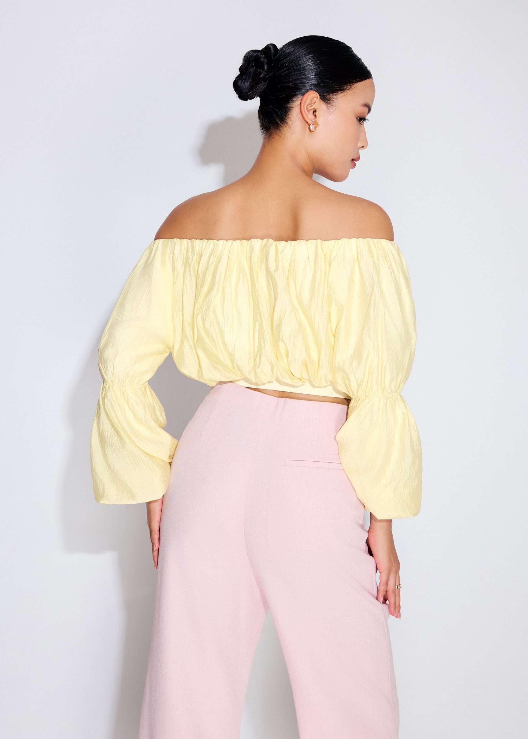 Elastic Lyocell Off-Shoulder Romantic Flare Sleeve Crop Top - Image 10