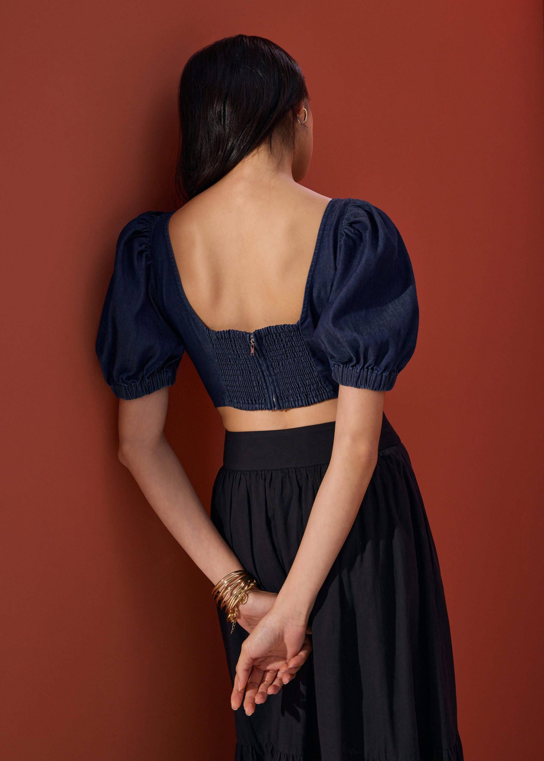 Chambray Puff Sleeve Crop Top - Image 3