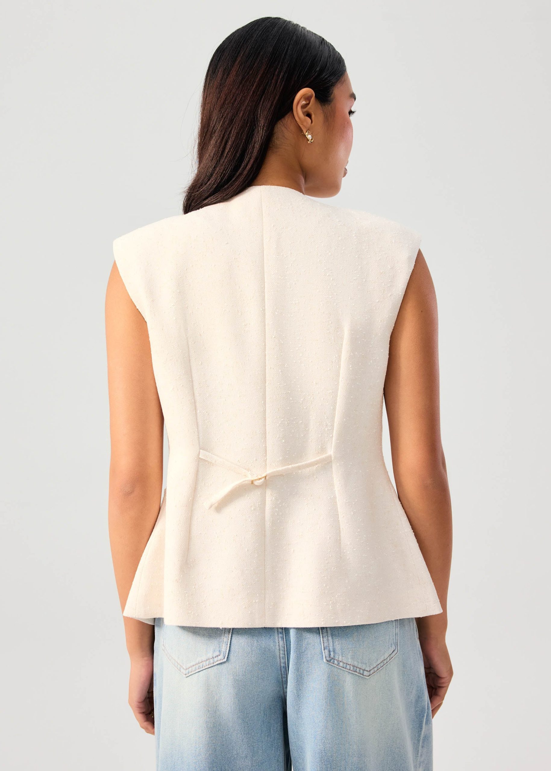 Isa Shoulder Padded Tweed Round Neck Vest Top - Image 8