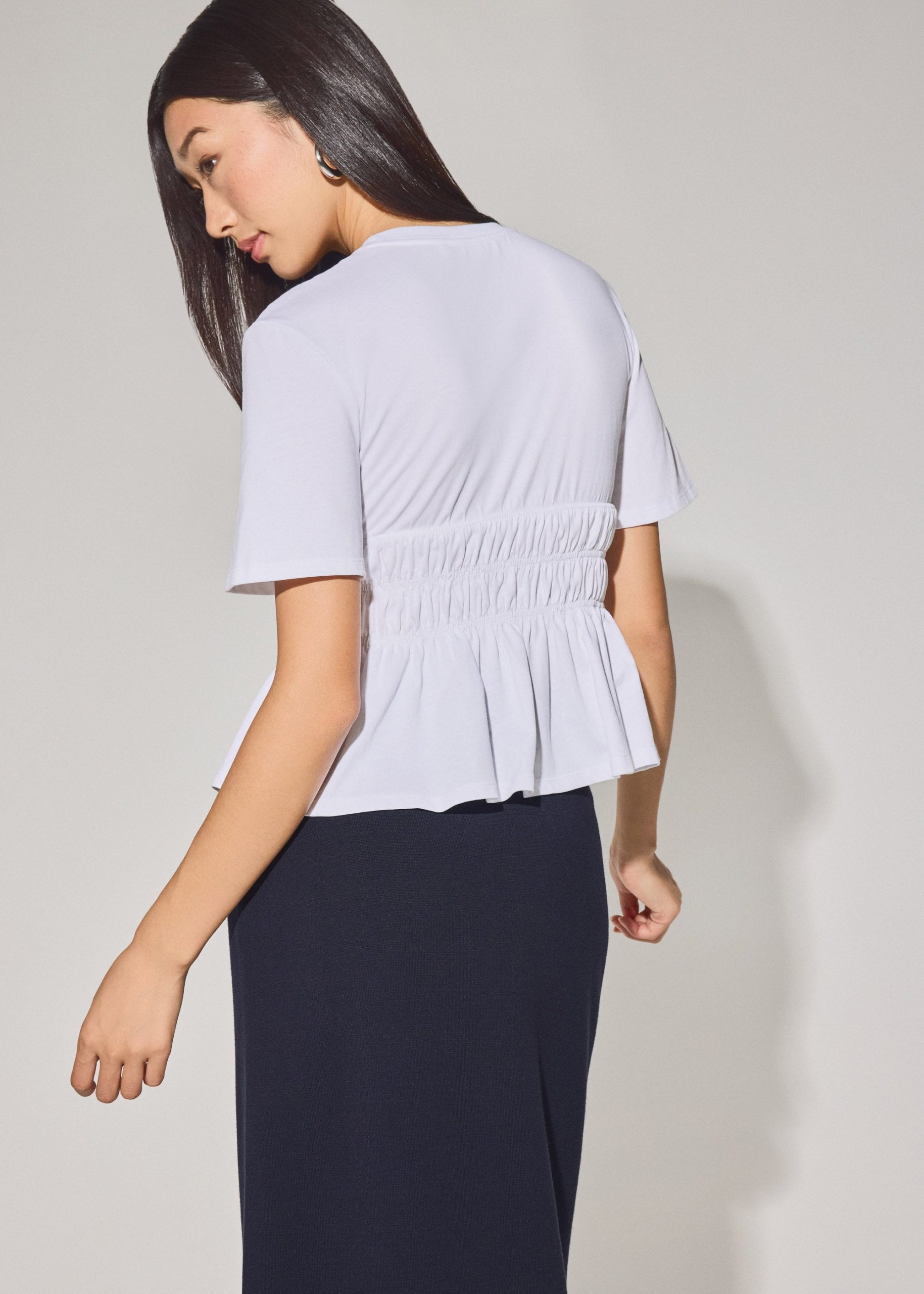 Jersey Ruched Bodice Round Neck Peplum Top - Image 6