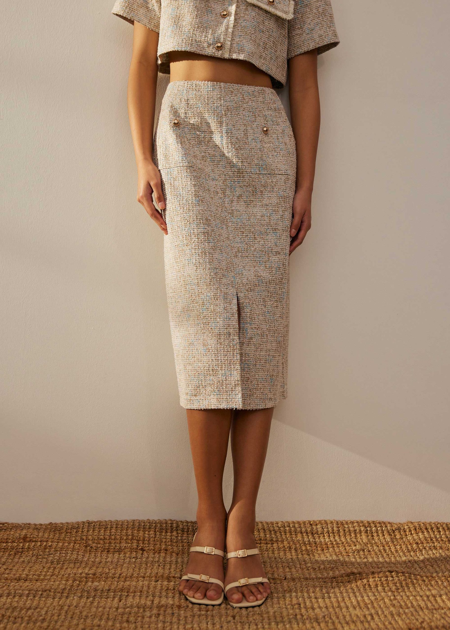 High Waist Tweed Column Midi Skirt - Image 8