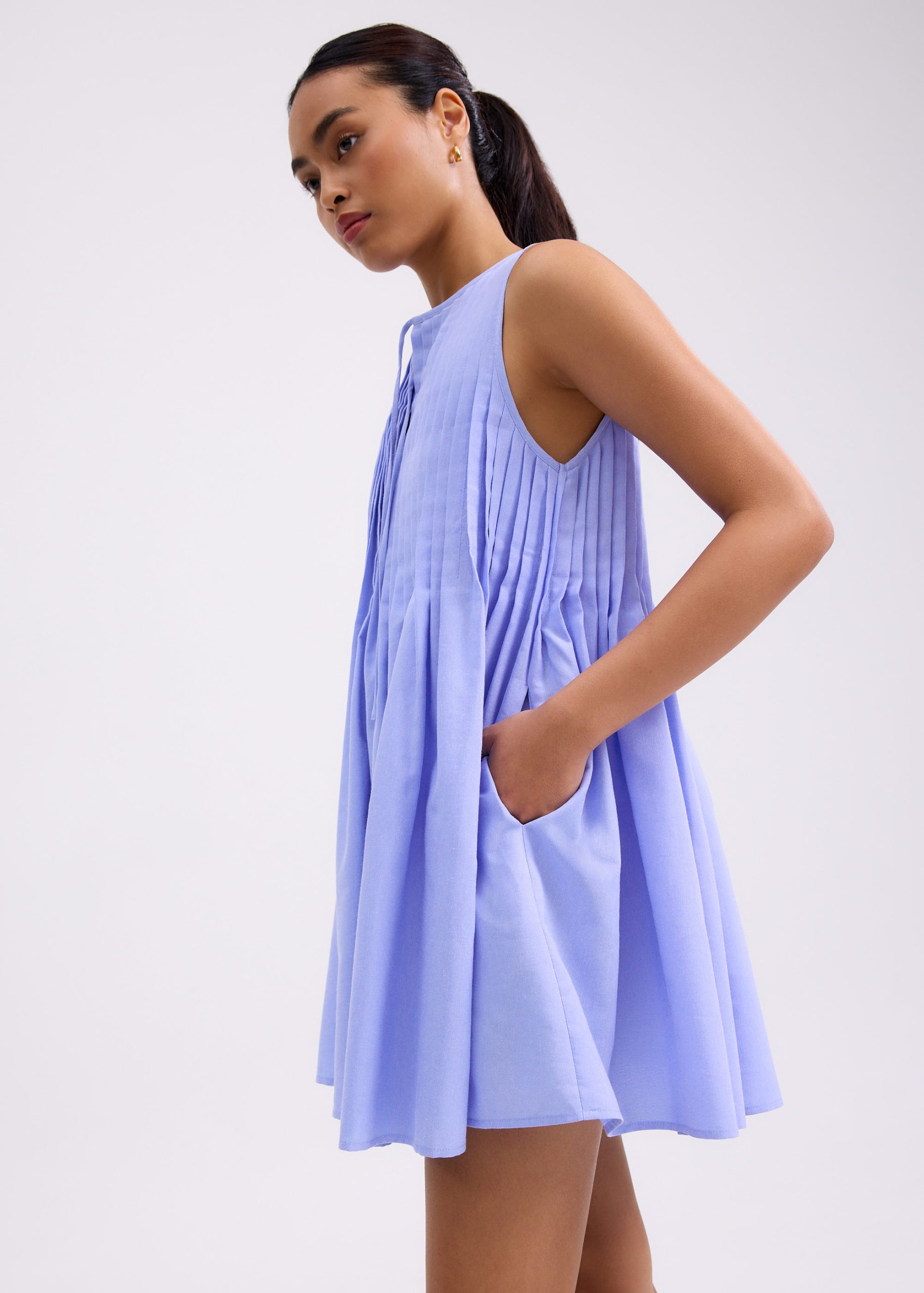 Oxford Pintuck Notched Trapeze Mini Dress - Image 16