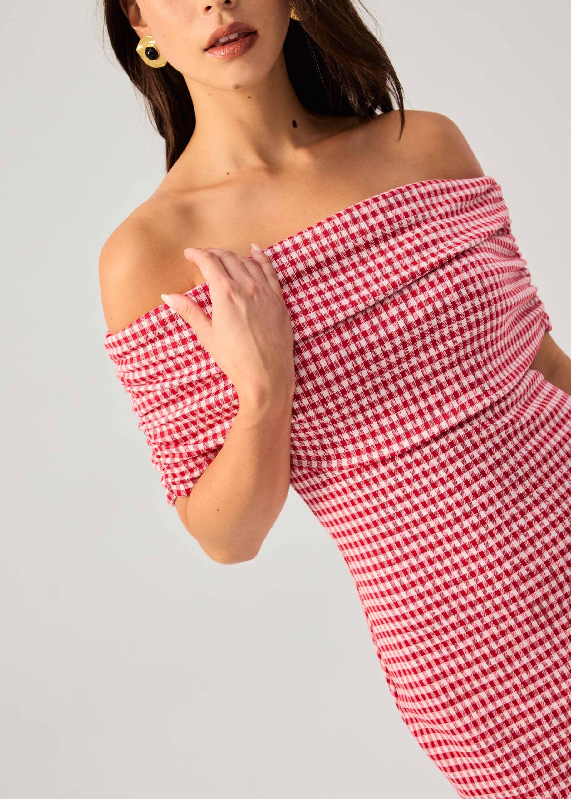 Gingham Jersey Off-Shoulder Column Midaxi Dress - Image 3