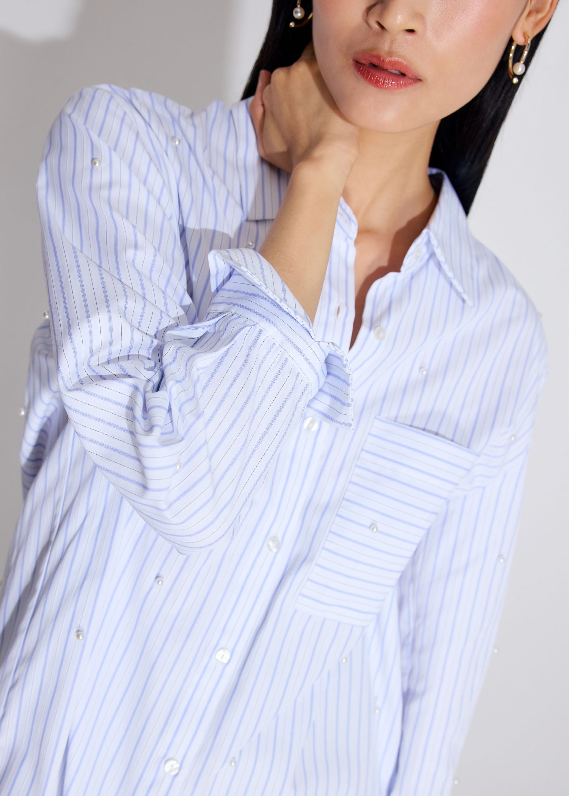 RuchedReady® Oversized Pearl Embellished Pinstripe Button Down Shirt - Image 3