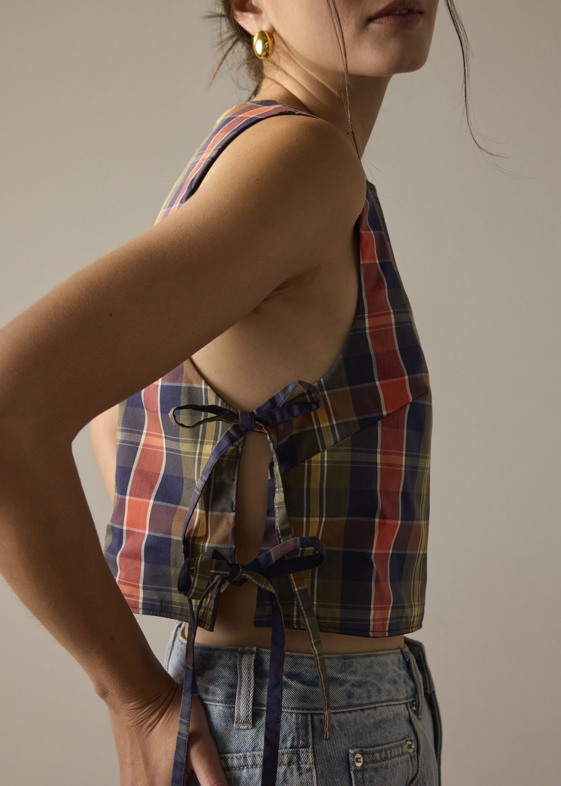 Multi-way Checkered Cotton Relaxed Top - Image 2
