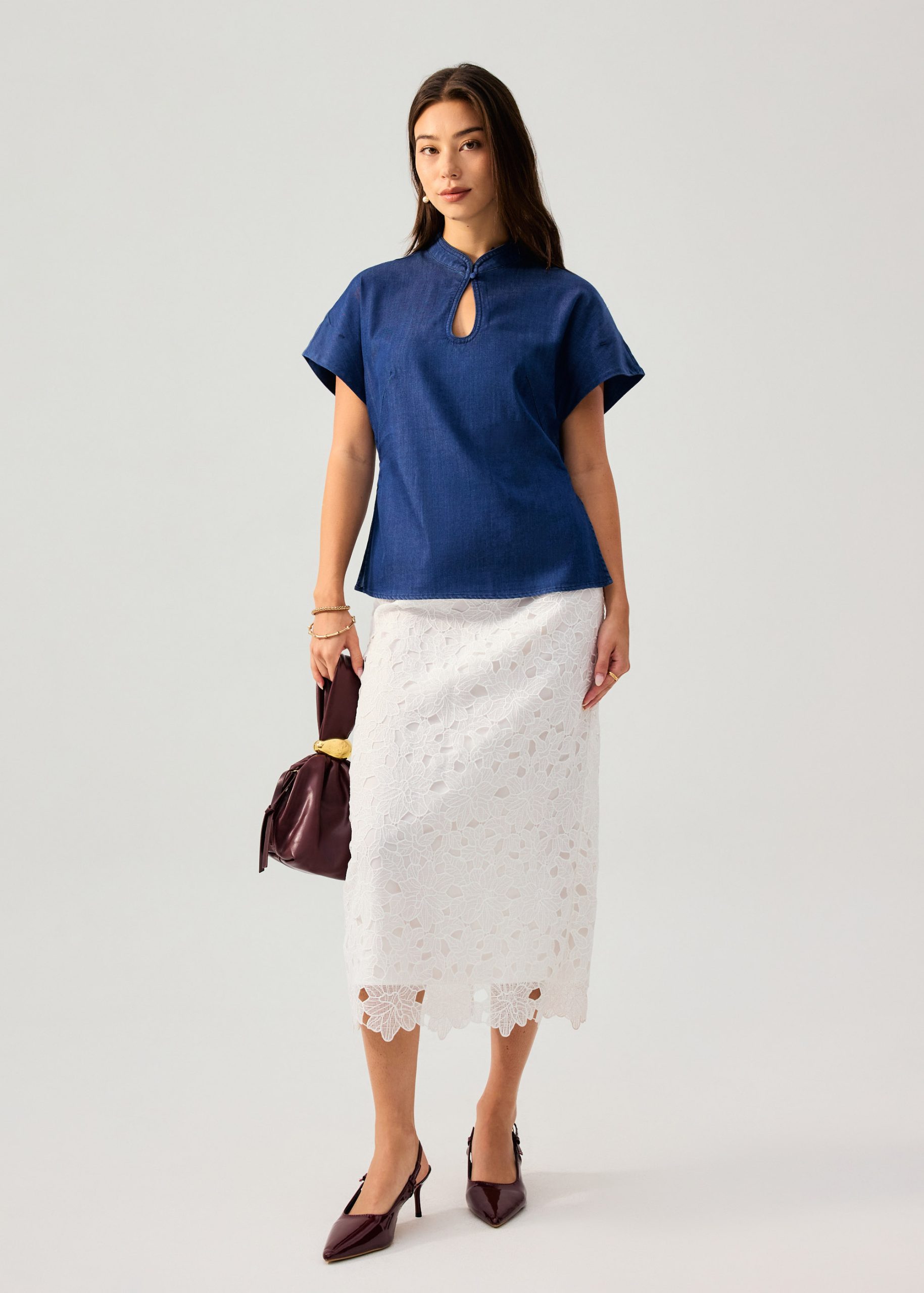 Chambray Mandarin Collar Drop Shoulder Top - Image 7