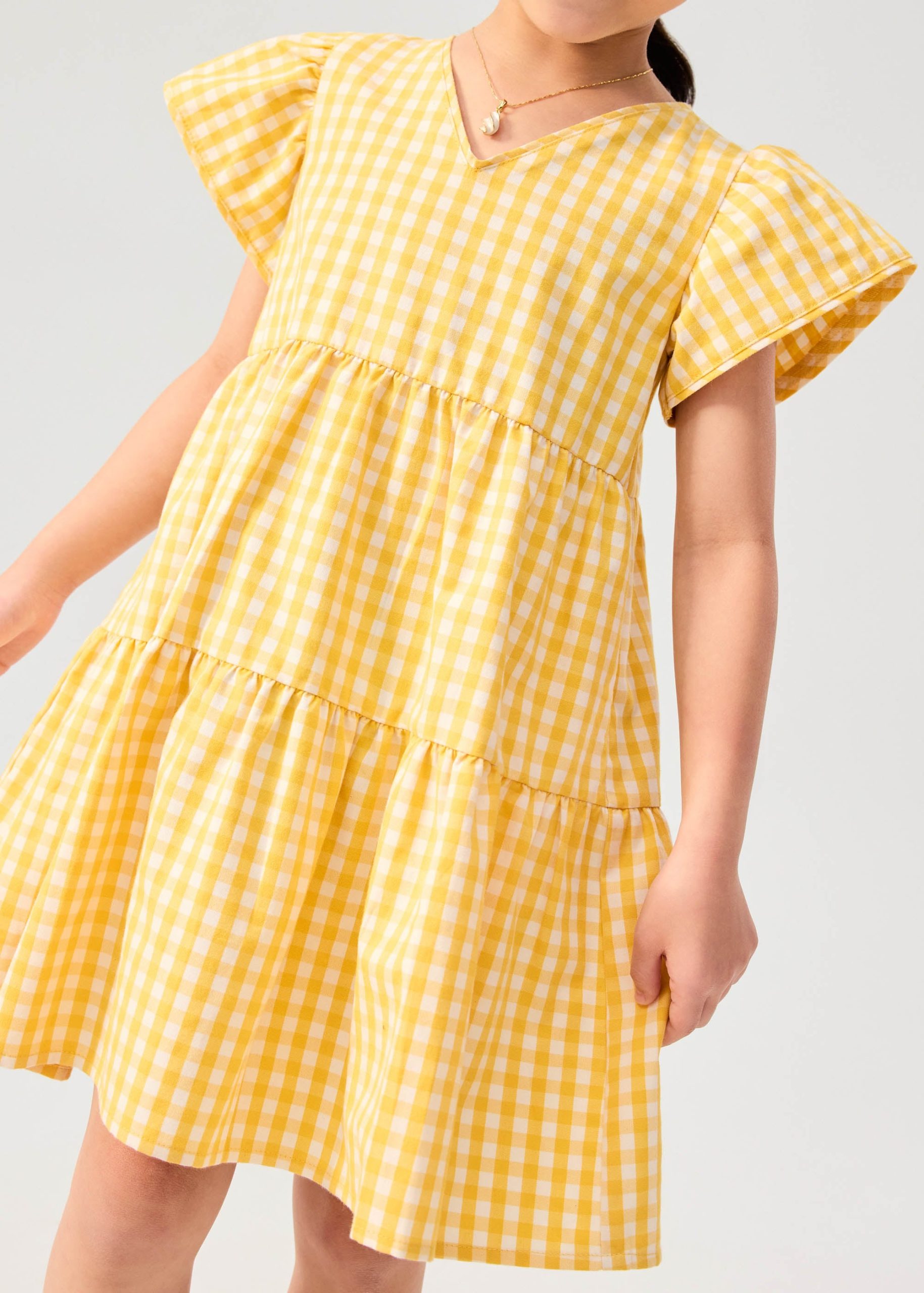 Girls' Tiered Gingham Cotton Cap Sleeve Trapeze Dress