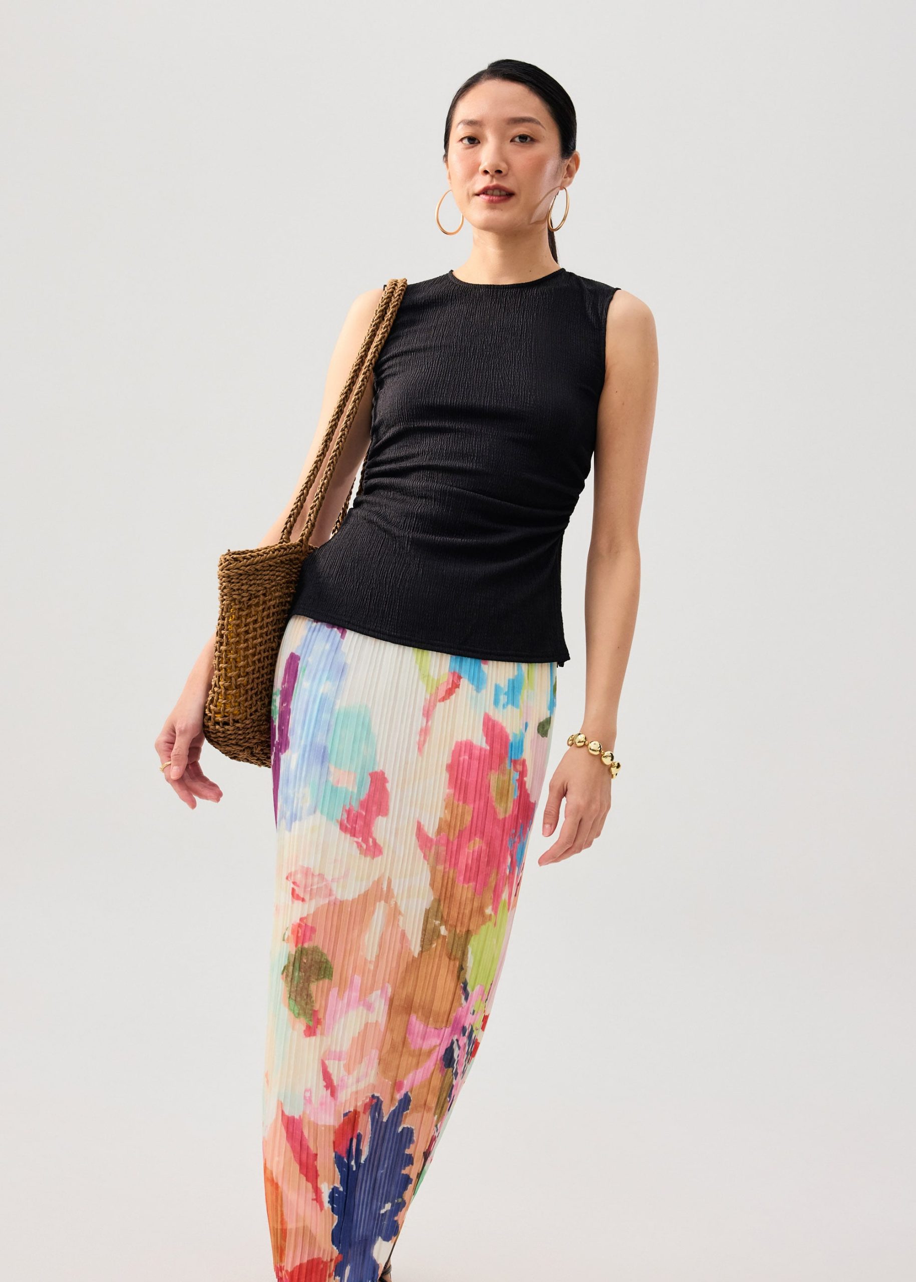 Crinkled Jersey Round Neck Fitted Tank Top