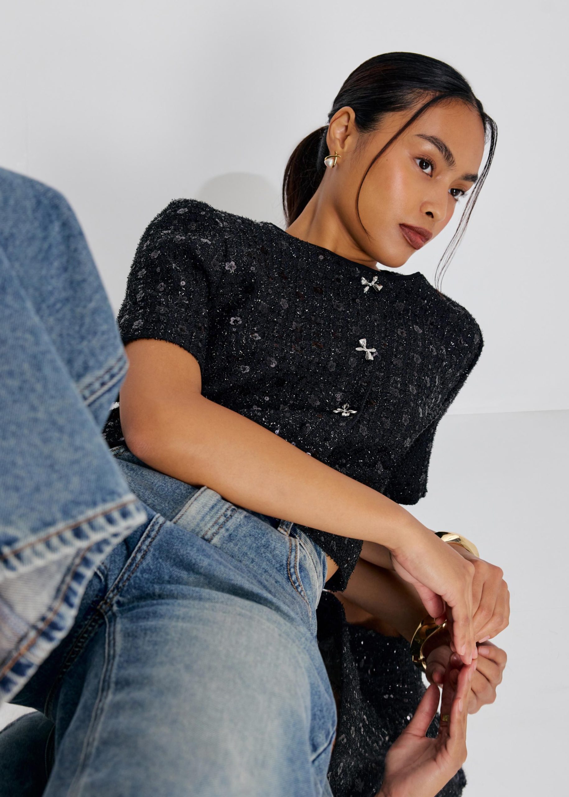 Meiyan Sequin Tweed Round Neck Boxy Button Down Crop Top - Image 7